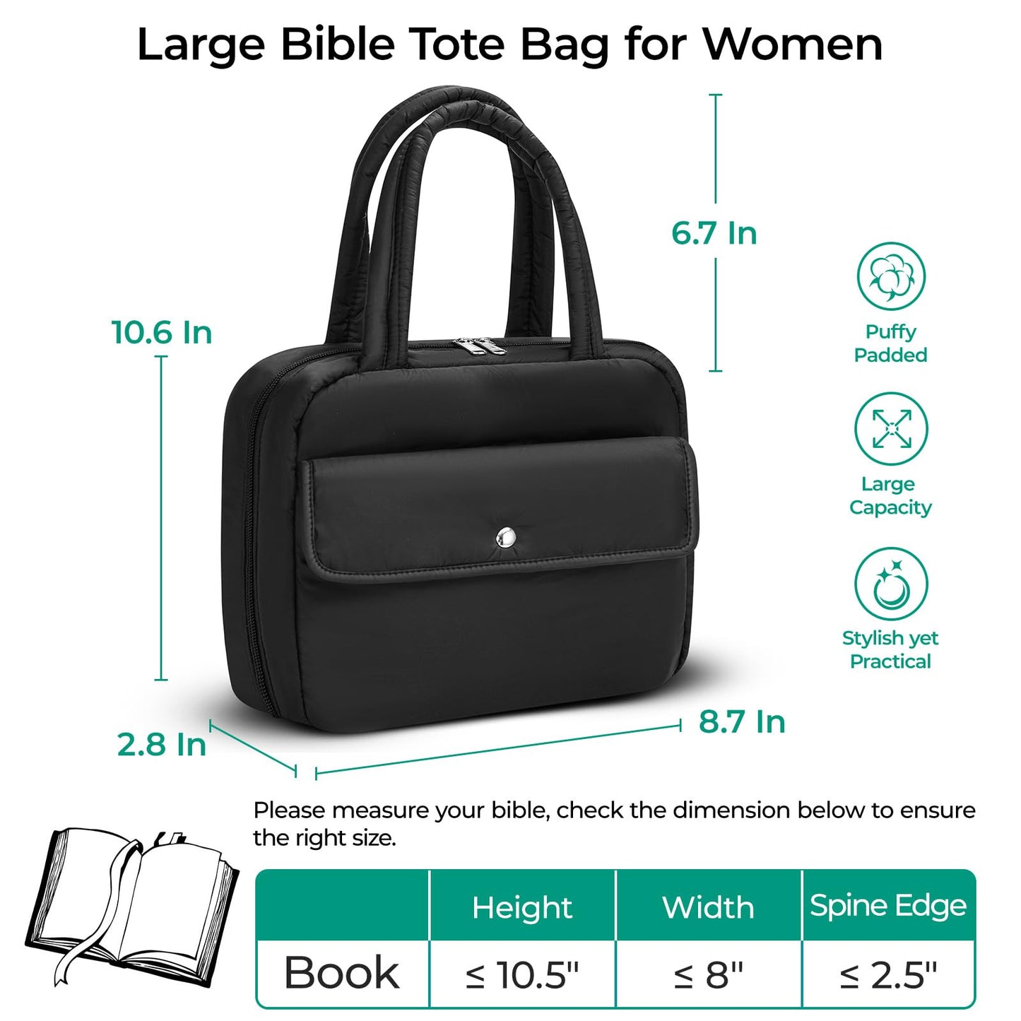 WOBAGMEN Puffy Bible Cover Case for Women with Study Supplies,Soft Bible Bag with Highlighters for Girls, Bible Journaling Kit Christmas Christian Gift for Women (Black, M)
