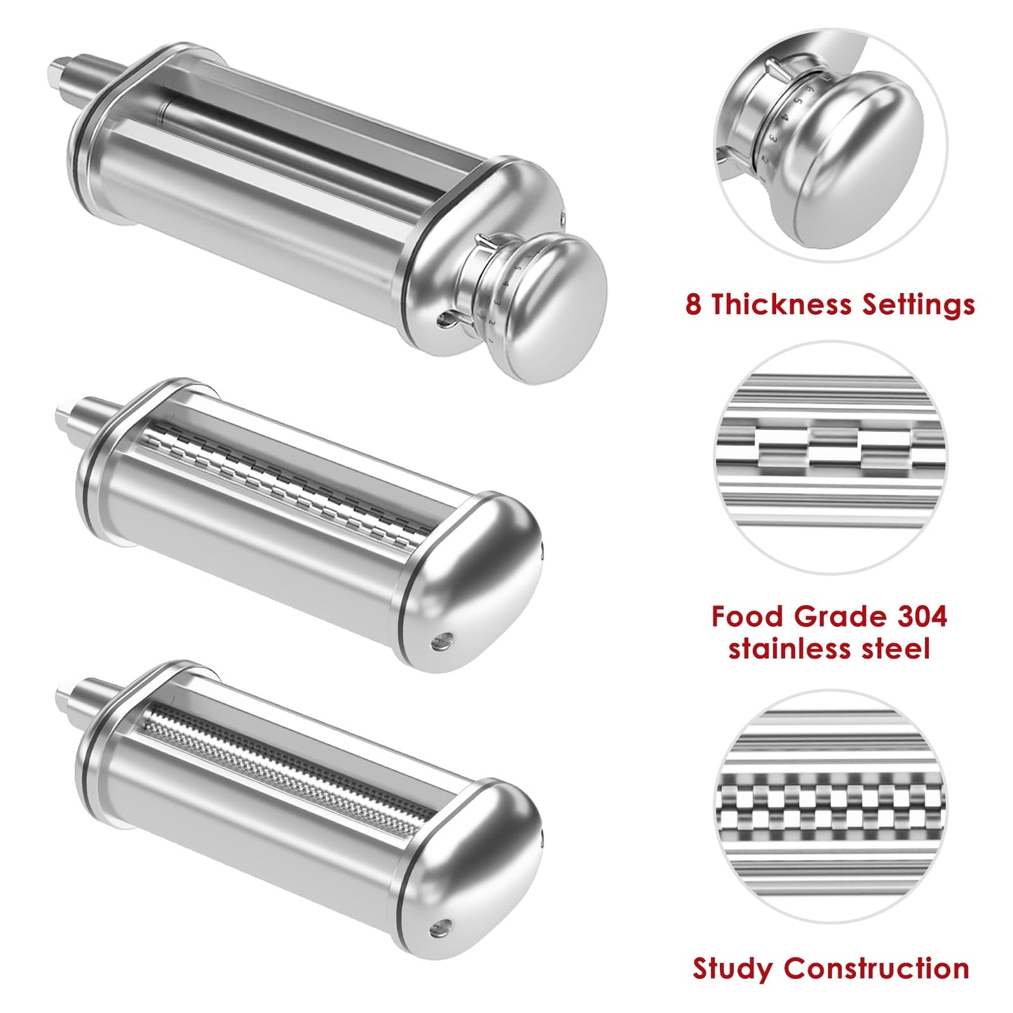 Pasta Maker Attachment for All Kitchenaid Stand Mixers, 3 PCS Kitchen Aid Pasta Attachments Included Pasta Dough Roller, Fettuccine Cutter, Spaghetti Cutter and Cleaning Brush