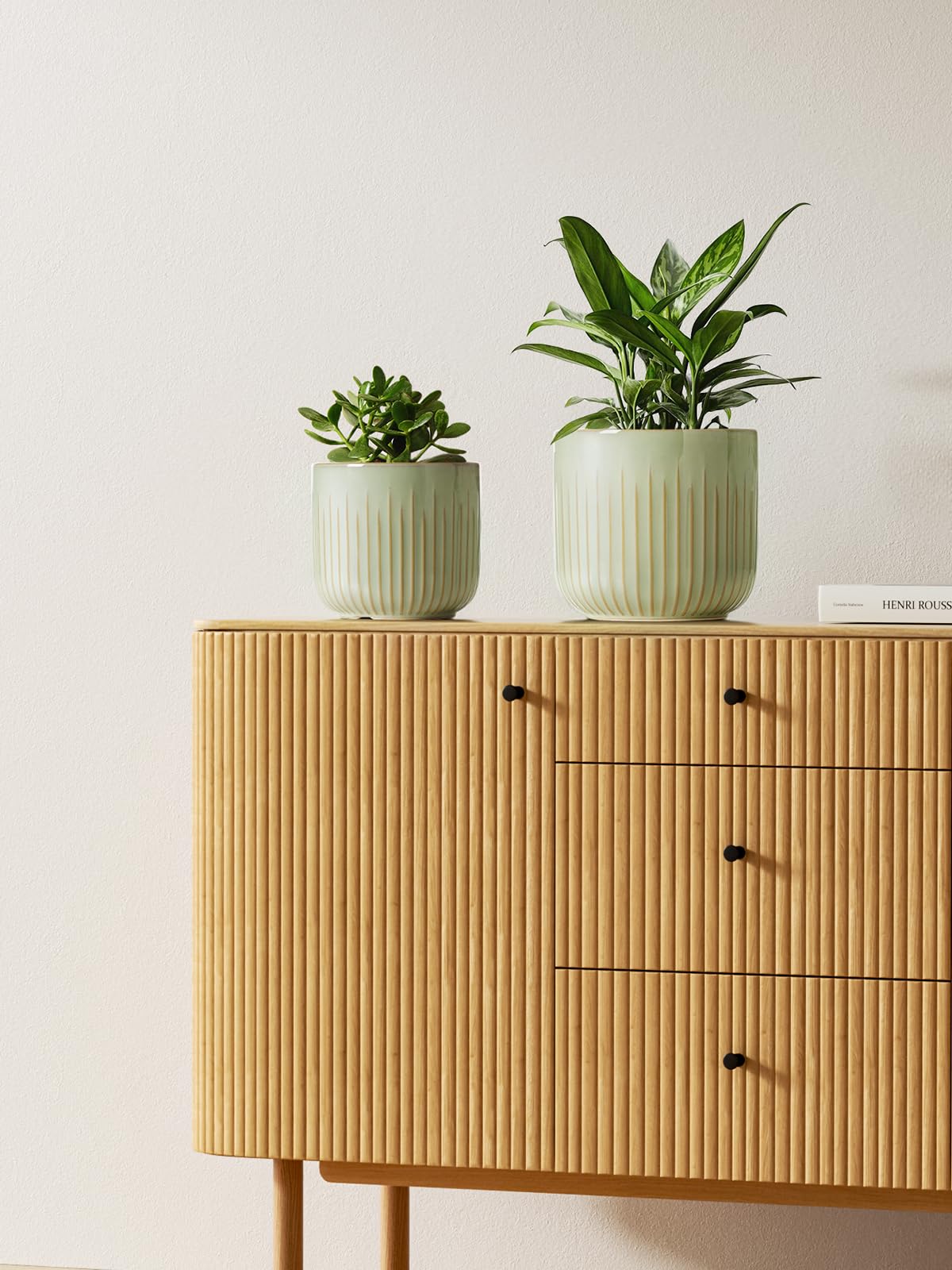 LE TAUCI Ceramic Pots for Plants, 8.3/7/6 Inch Indoor Planters with Drainage Holes & Mesh, Modern Glossy Glaze Cylinder Fluted Plant Pot for Snake Plant, Set of 3, Sage Green