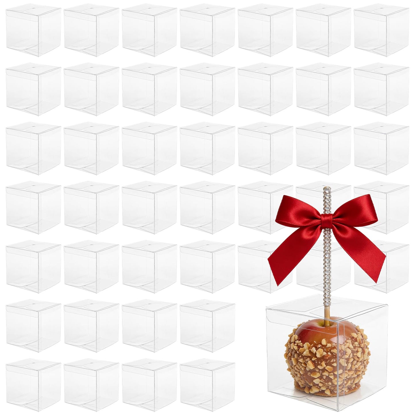 Yesland 50 PCS Candy Apple Box With Hole Top, Clear PET Gift Boxes for Caramel Apples, Ornament, Treats & Party Favors for Wedding, Party or Baby Shower - 4" x 4" x 4"