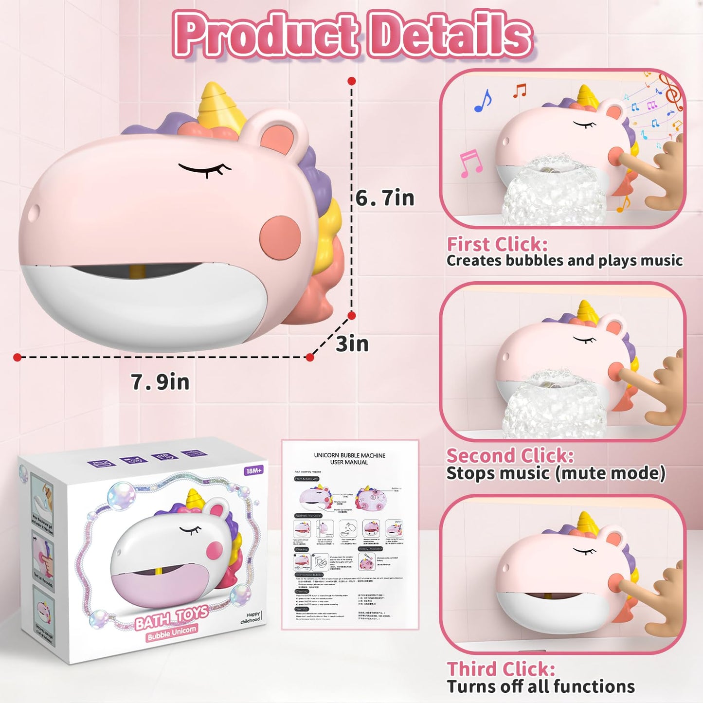 Infowush Baby Bath Toys, Unicorn Bath Bubble Machine Toddler Bath Toys for Kids Ages 1-3 4-8, Interactive Bathtub Shower Water Toys Bubble Maker with Music Christmas Birthday Gifts for Boys Girls