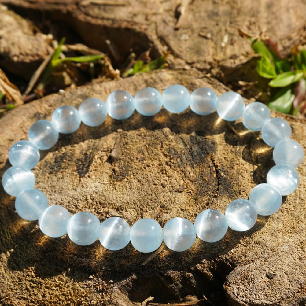 TaHLga Natural Selenite Bracelet 8mm | Aqua Blue | Crown Chakra Crystal with Cat-eye Effect | Handmade Meditation Healing Bracelet for Women Men | Beading Tool Kit - Fits for 6.5-7.5 inch Wrist Size