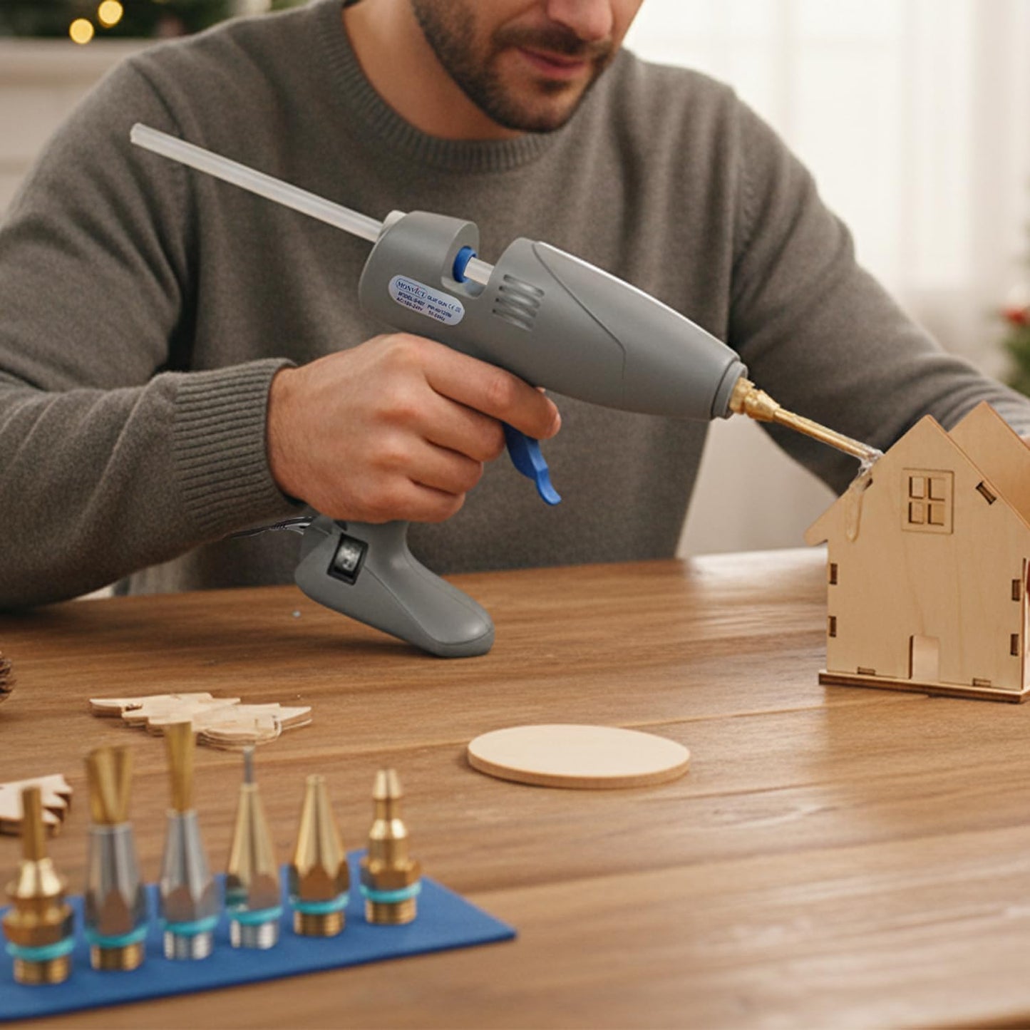 MONVICT Hot Melt Glue Gun with 7 Copper Nozzles, 3 Silicone Finger Covers, 12 Glue Sticks Dual Temperature Switching, Corded Detachable Cord Use Stand-Up Base Anti-drip for Art DIY Craft repair