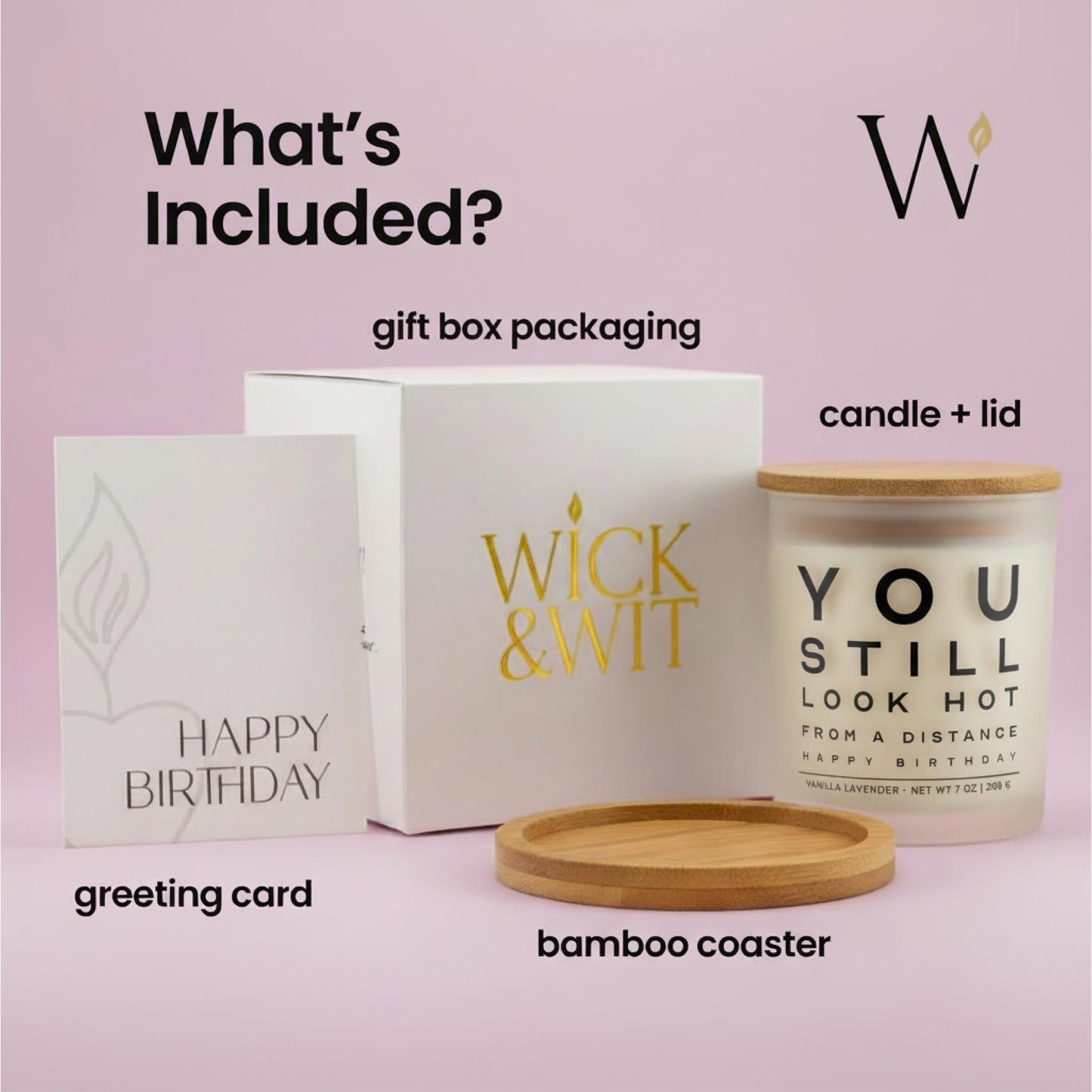 Funny Birthday Gifts for Women You Still Look Hot from a Distance Gift Set Playful Gifts for Friend Sister Coworket BFF Vanilla Lavender Soy, 50+ Hour Burn, Ready to Gift Box by Wick and Wit