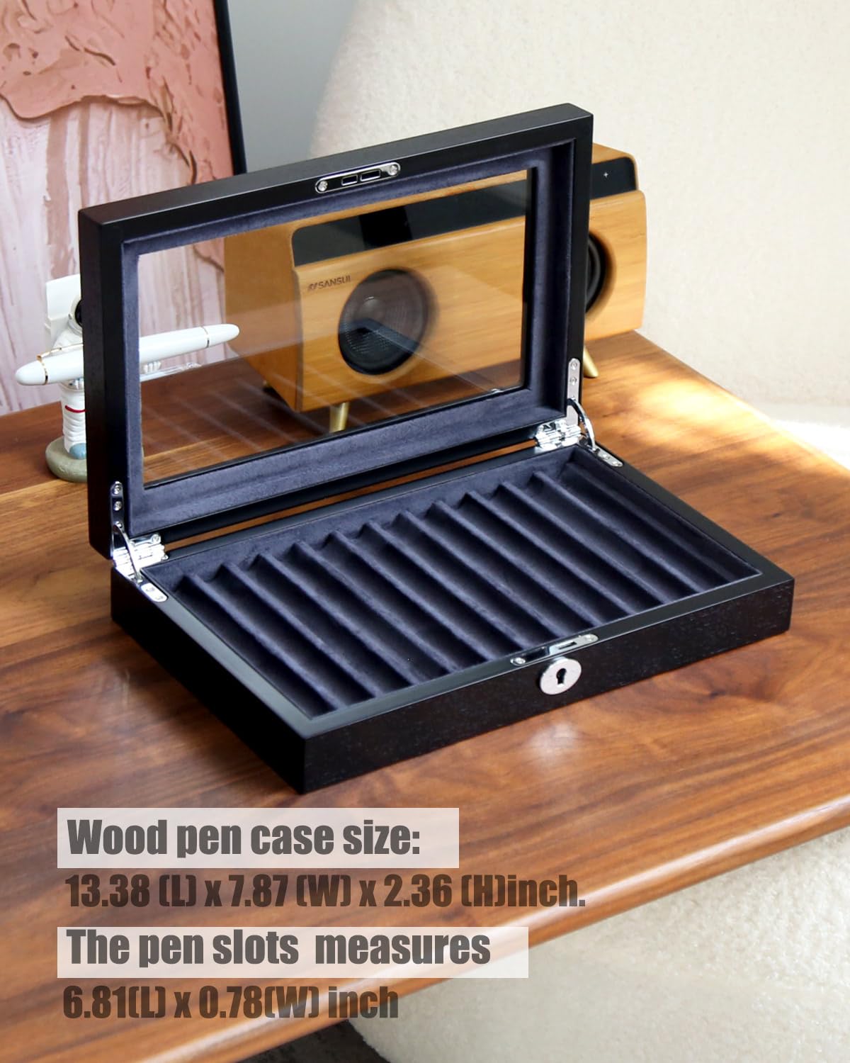 Besforu 12-Slot Fountain Pen Collector Case – Lockable Wooden Organizer with Glass Display Top, Premium Storage Box for Writing Instruments and Gift for Men