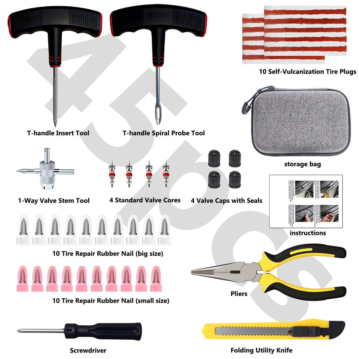 45Pcs Tire Repair Kit with Tire Plugs & Rubber Nail, Professional Heavy Duty Emergency Tire Repair Screw Tool Kit, Flat Tire Repair Plug Kit for Car Motorcycle ATV Tractor Truck Lawn Mower (Gray)