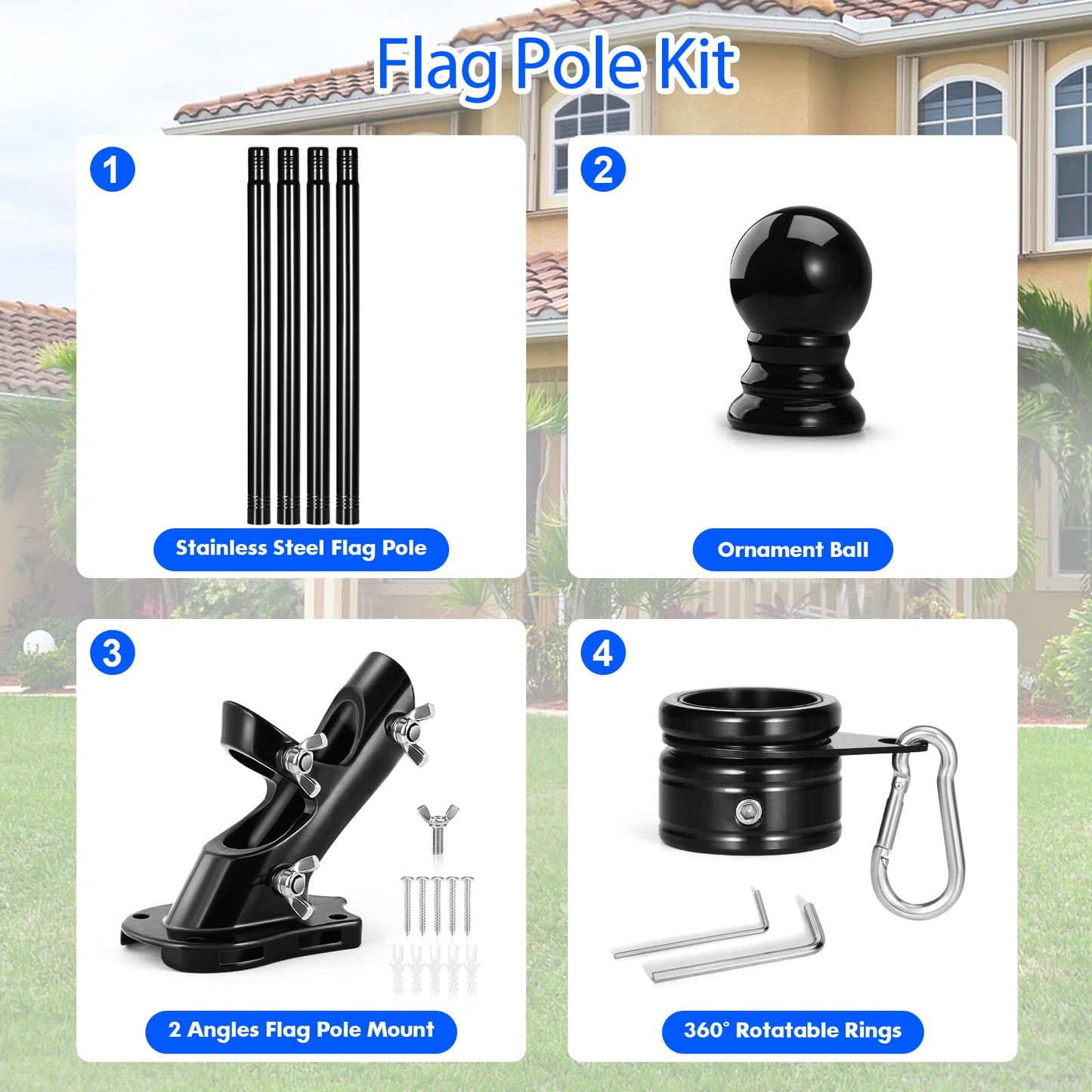Anovo Flag Pole Kit- Upgraded Holder, Stainless Steel 5 FT Flag Poles with1 Inch Metal 360° Rotating Flag Pole Rings Two-Position Flag Pole Bracket Mounting for Outside House Porch (5 FT-Black)