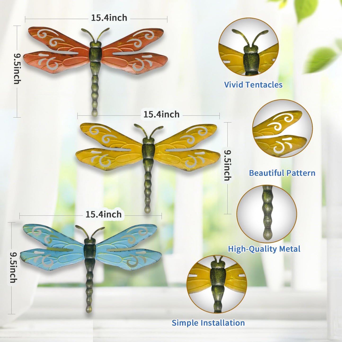 PLASUPPY Metal Dragonfly Wall Decor Outdoor Garden Fence Art Hanging Decorations for Patio, Yard, Indoor Home, Living Room, Bedroom, 3 Pack
