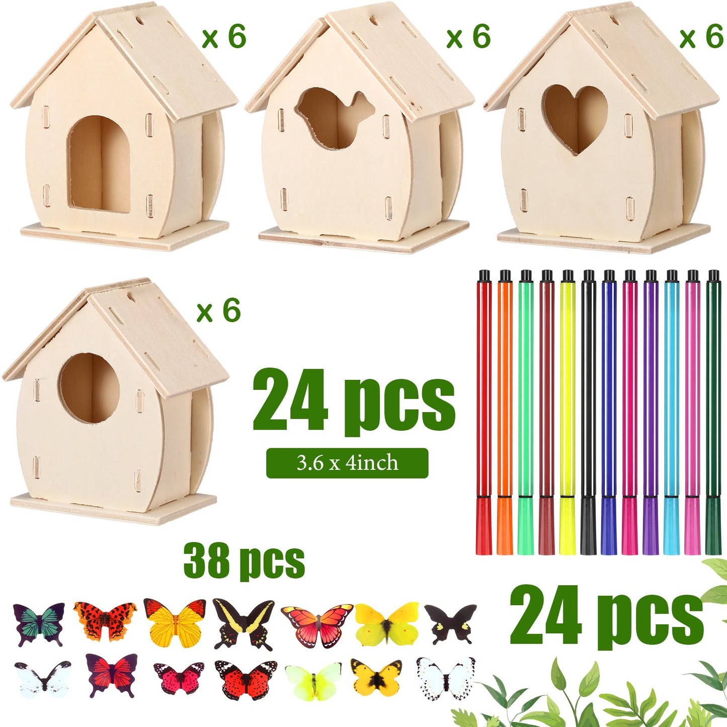 Outus 24 Pcs Wooden DIY Birdhouse Kits for Kids to Build, 4 Shapes Birdhouse Kit Wooden Unfinished with Butterfly Sticker for Boy Girl Arts Crafts(Cute)