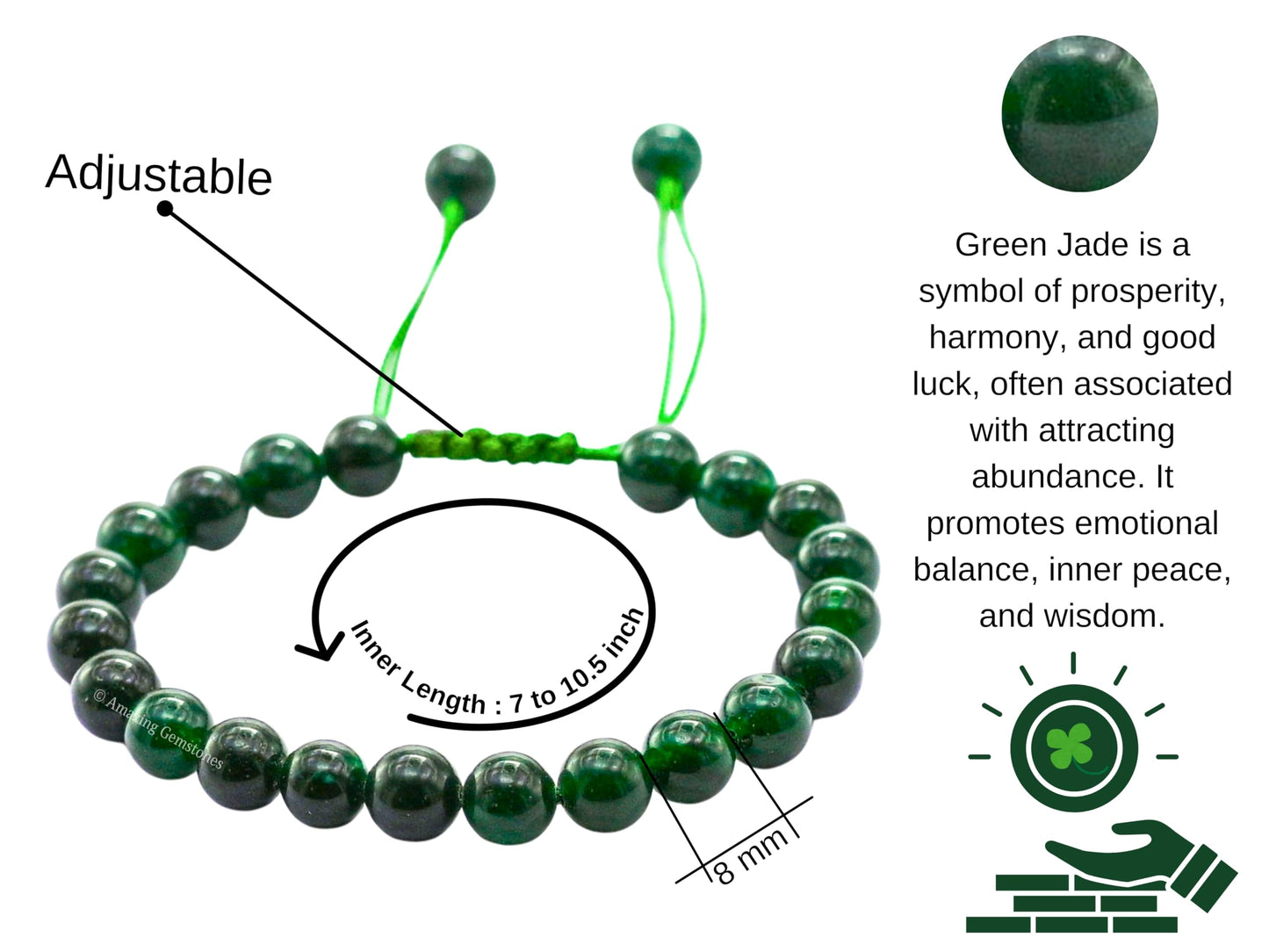 Amazing Gemstone Jade Bracelet, Gifts For Men & Women - Protection Healing Crystal Bracelet - 8mm Gemstone Beaded Adjustable Bracelet, Pulseras Para Hombres Mujer Stocking Stuffers