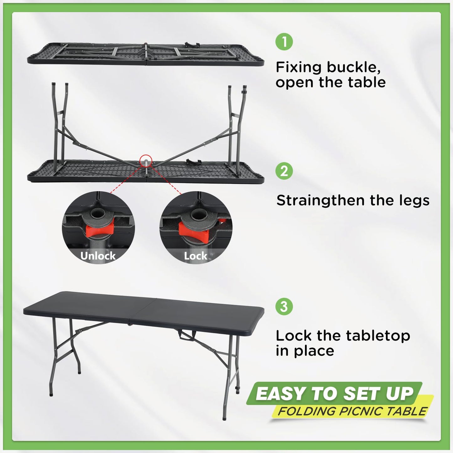 BestOffice Outdoor 6 FT Folding Camping Table Plastic Table Portable Square Height Dining Table Perfect for Picnics, Parties, Party and Camping, Black