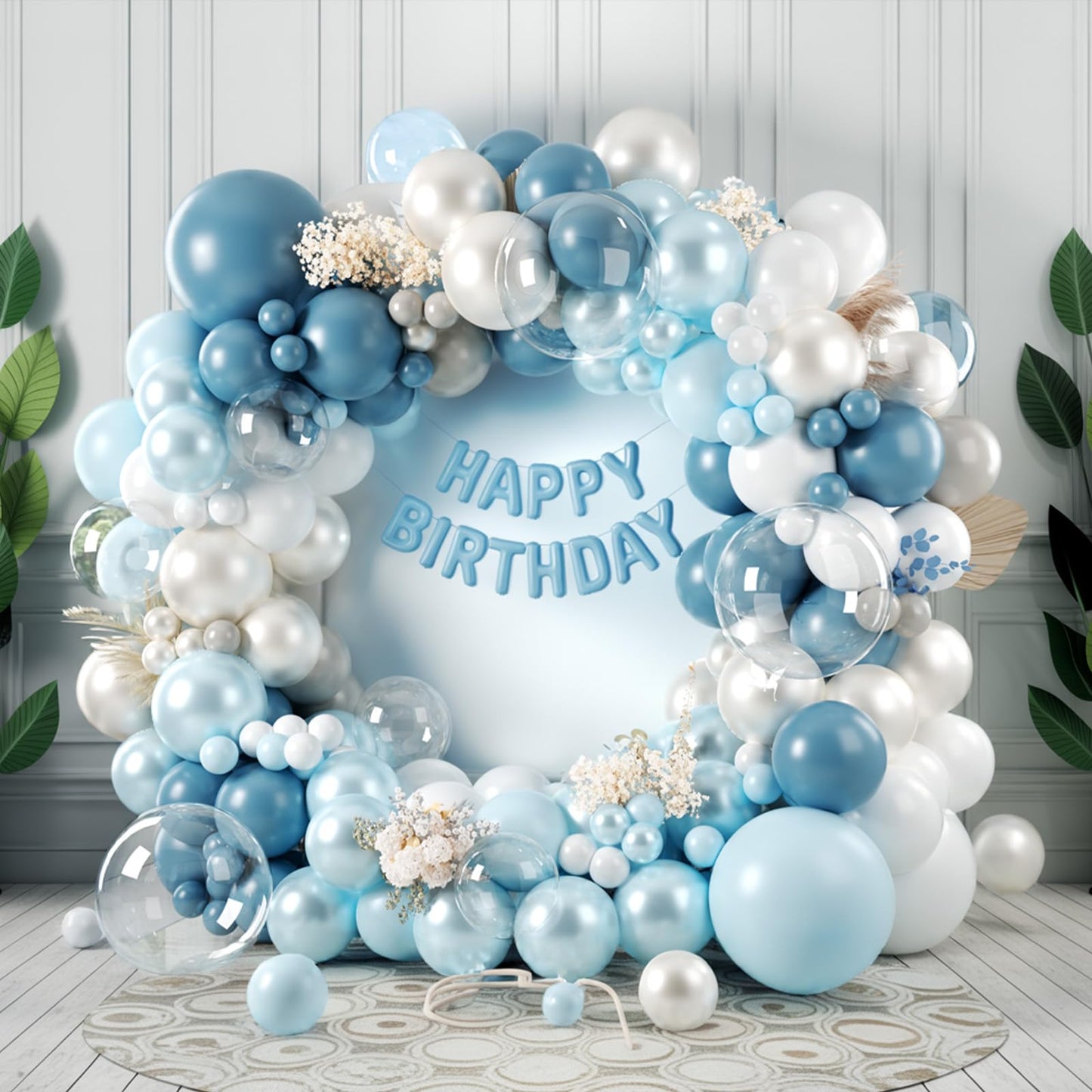 FunHot Dusty Blue Balloon Arch Kit, Double Stuffed Pearl White Pastel Blue Balloon Garland Kit with Clear Balloons for Boys Baby Shower Gender Reveal Wedding Frozen Winter Birthday Party Decorations
