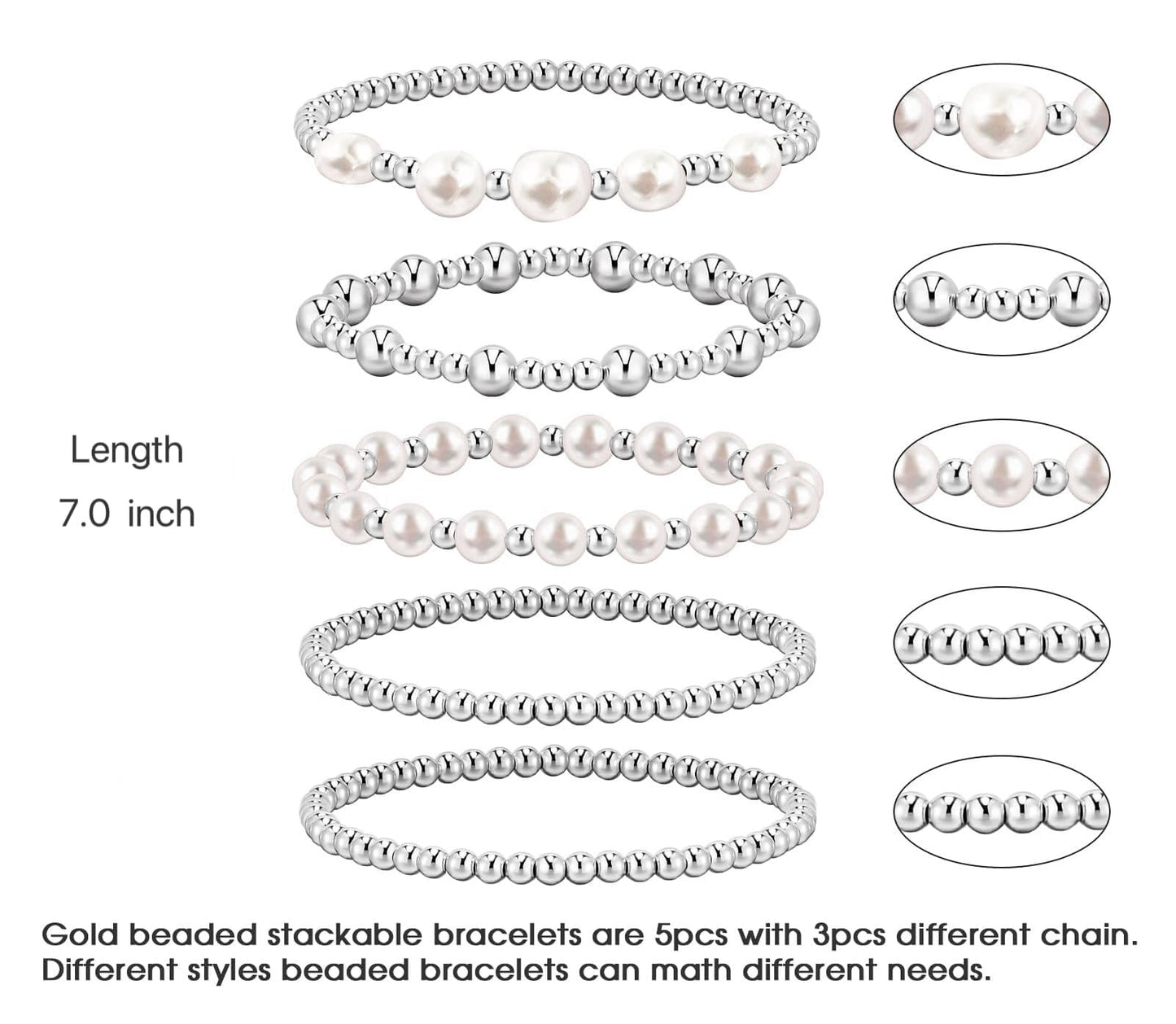 YAKEWA Gold Silver Beaded Bracelets Pack For Women, Adjustable Stretch Pearl Bead Ball Bracelet Stack Set Jewelry Small Gifts For Teen(Silver)