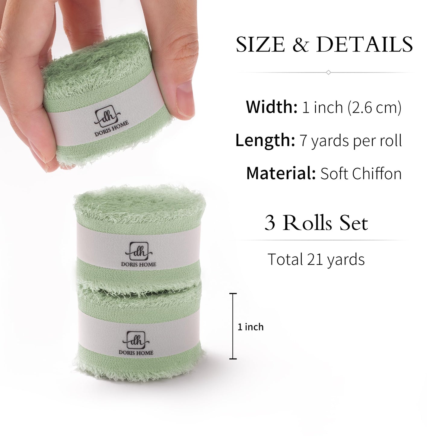 DORIS HOME Sage Green Chiffon Ribbon for Flower Bouquet, 1" x21Yd Fabric Ribbon for Gift Wrapping, Handmade Frayed Ribbon for Wedding Invitations/Christmas Decorations