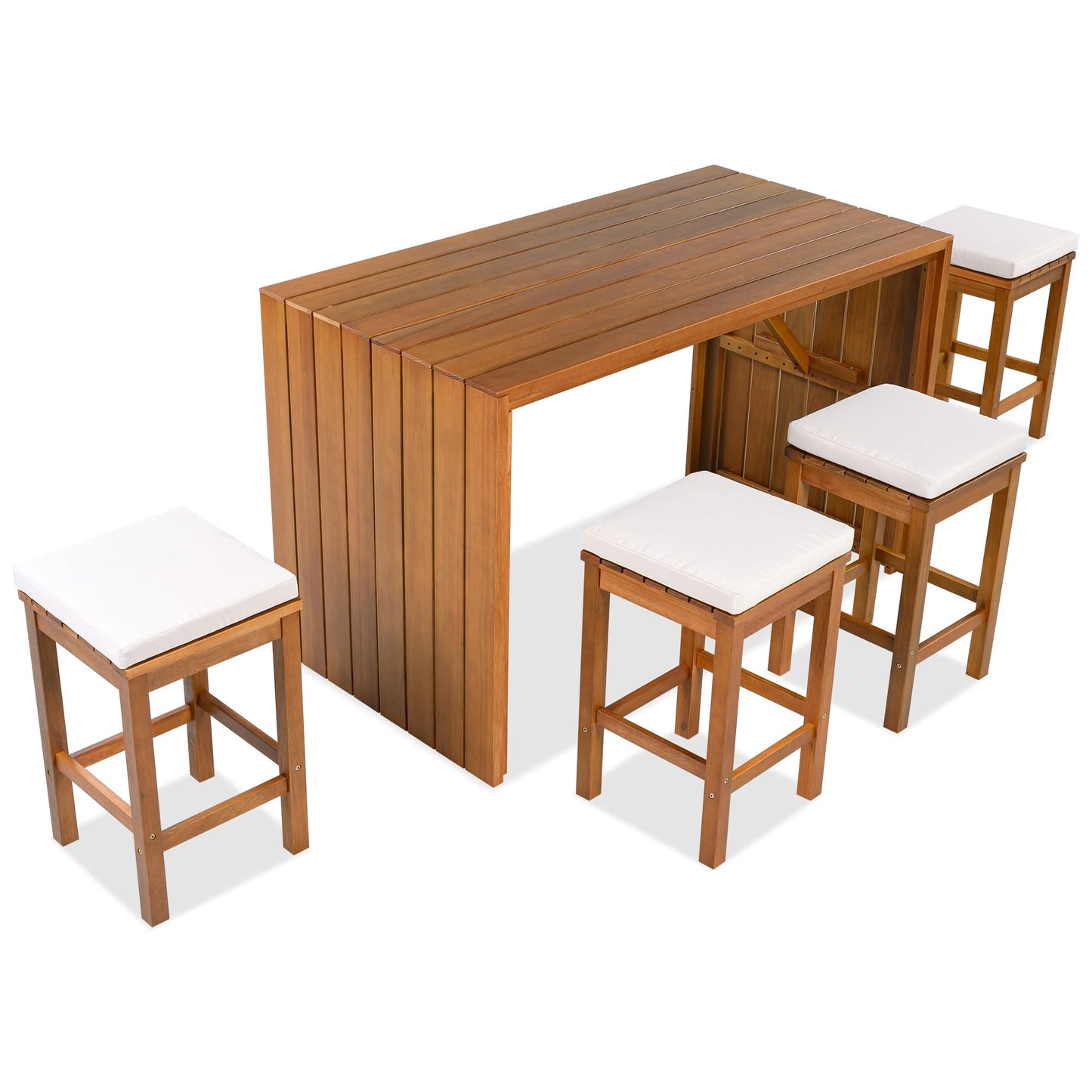 Merax 5 Piece Outdoor Acacia Wood Dining Table Bar Set, Patio Acacia Wood Bar Height Table & 4 Stools with Cushions, Wood Dining Bar Set for Backyard, Poolside, Balcony, Beige Cushion + Natural Wood