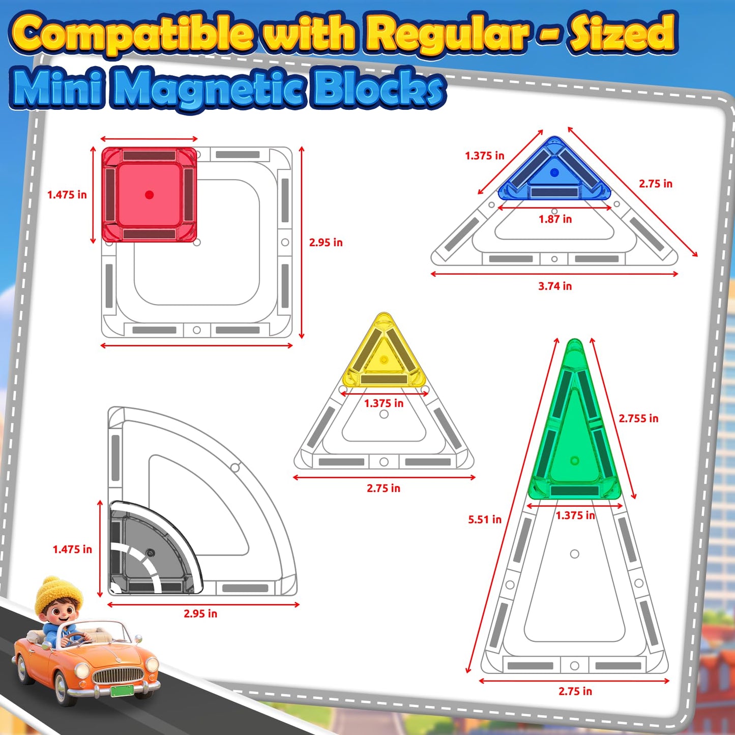 ORZbb Mini Magnetic Tiles Road with Case Toddler Travel Toys Trip Essentials Set, Magnetic Building Blocks Toys for 3 4 5+ Year Old Boys Girls Montessori Sensory Learning Easter Birthday Gifts