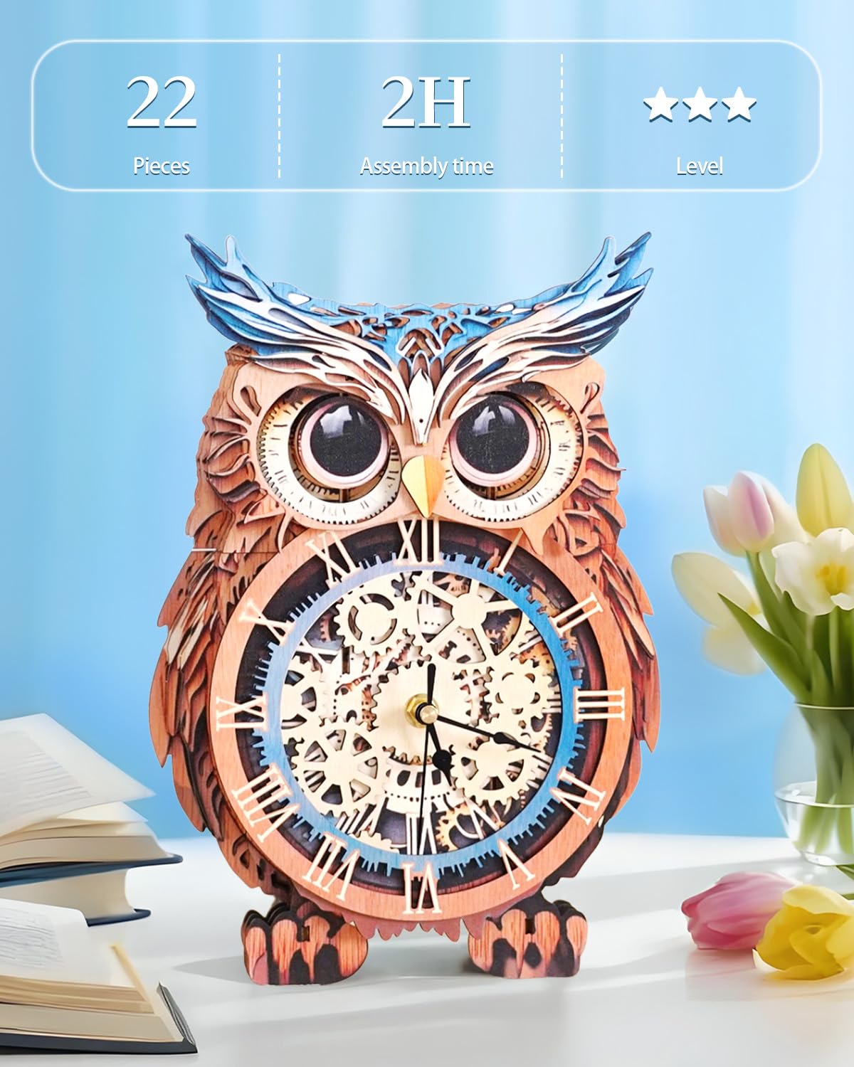 Rnfinewow 3D Wooden Puzzles for Adults, Owl Clock with Pendulum Model Kit, 3D Puzzles for Adults Room Home Decor DIY Wall Clock Kit, Holiday Birthday Christmas Day Gifts for Men Women