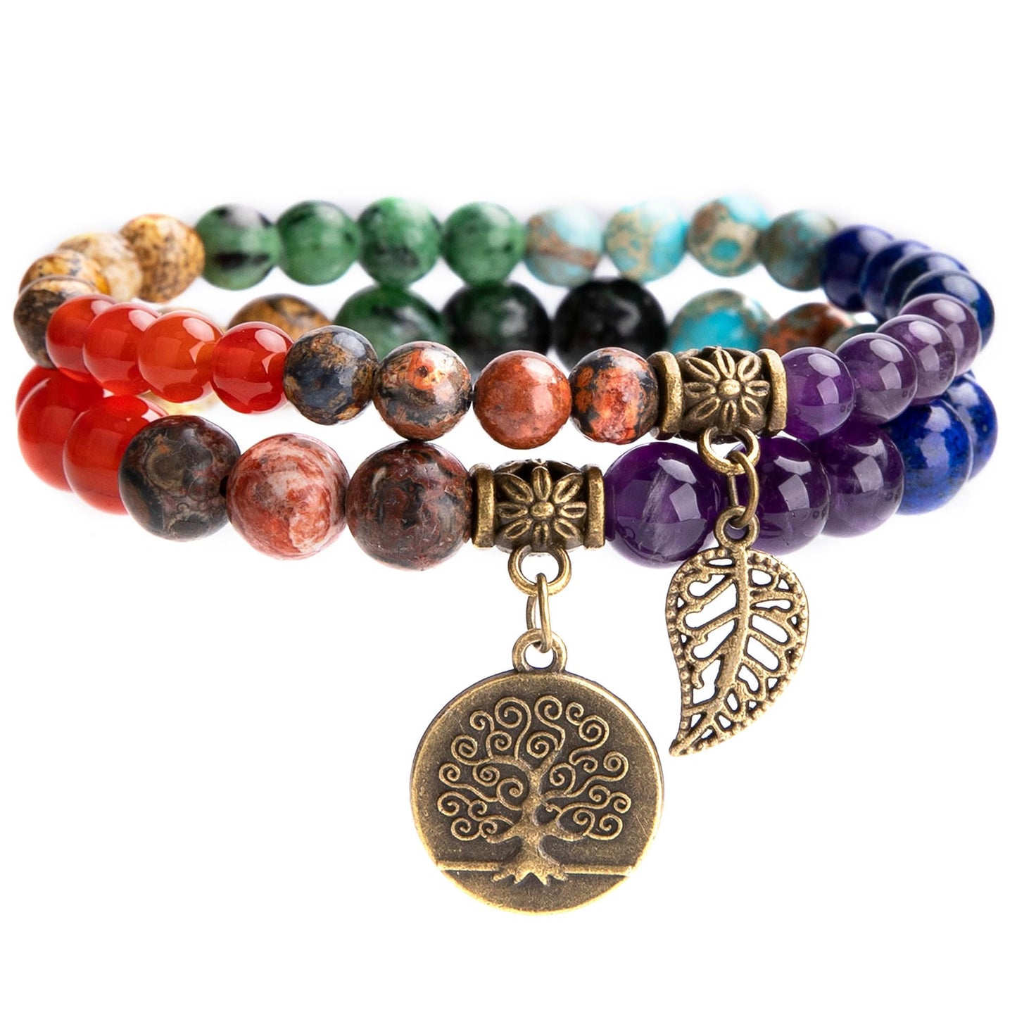 Bivei Beaded Bracelets Tree of Life and Leaf Charm Yoga Meditatoin Healing Crystal Chakras Bracelets Natural Semi Precious Gemstone Beads Stretch Bracelet for Women Anxiety Energy Relief(7 Chakra)