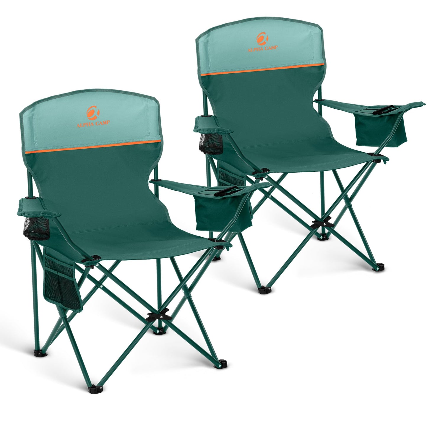LET'S CAMP Camping Chair 2 Pack Folding Chair with 4-Can Cooler Bag Portable Lawn Chair with Cup Holder,Storage Pocket, Supports 350LBS, Collapsible Chair for Camp, Beach, Picnic (Green)