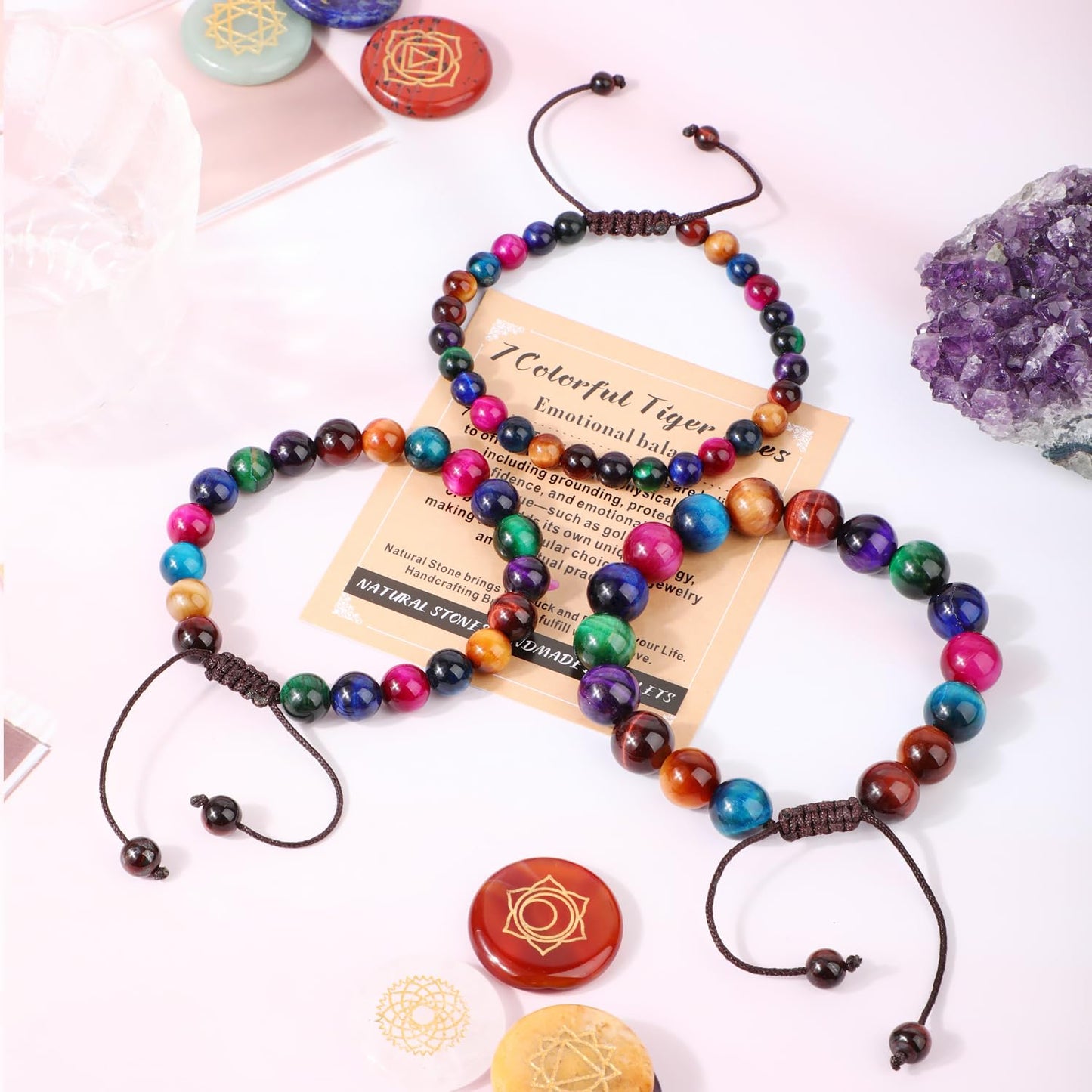 AD Beads 6mm 7 Colorful Tiger Eyes - Emotional balance - Handmade Natural Stone Crystal Bracelet with Adjustable Macrame String - Yoga Healing Power Energy Gifts for Men and Women