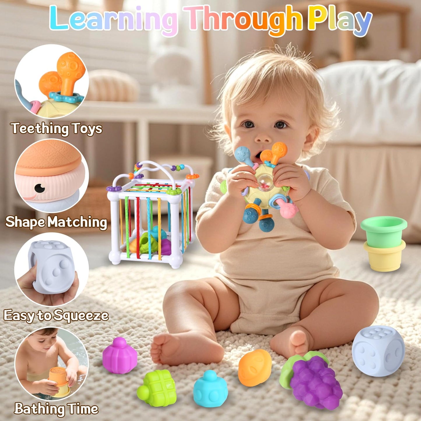 6-in-1 Montessori Baby Toys for 6-12-18 Months, Fun Infant Toys with Shape Sorter Sensory Bin, Stacking Rings, Bath Toys,Soft Fruit, Learning Developmental Toys Gifts for 1 2 3 Year Old Boys Girls