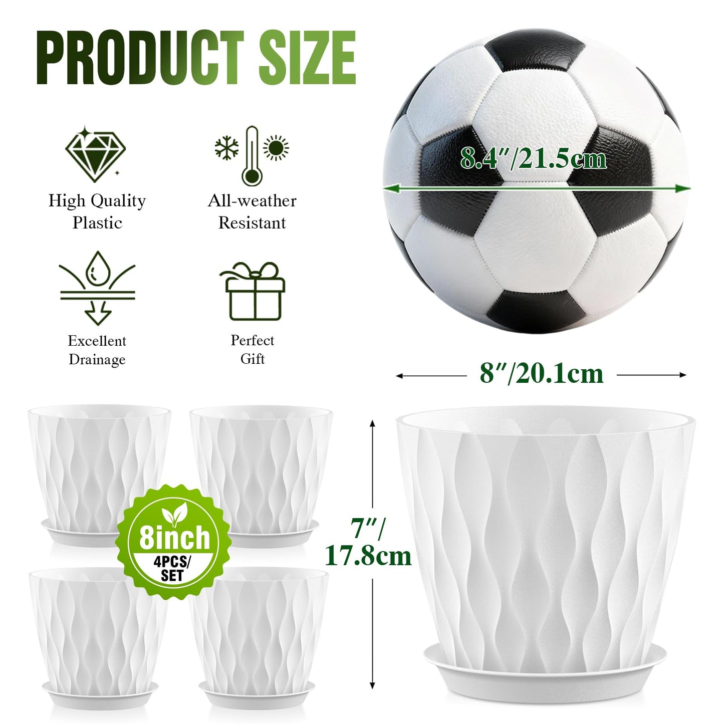 Areutxbis 8 Inch Wave Plant Pots with Drainage Holes & Saucers, 4 Pack Modern Textured Medium Planters for Indoor Outdoor Plants, Decorative Flower Pots Repotting Set for Flowers, Herbs (White)