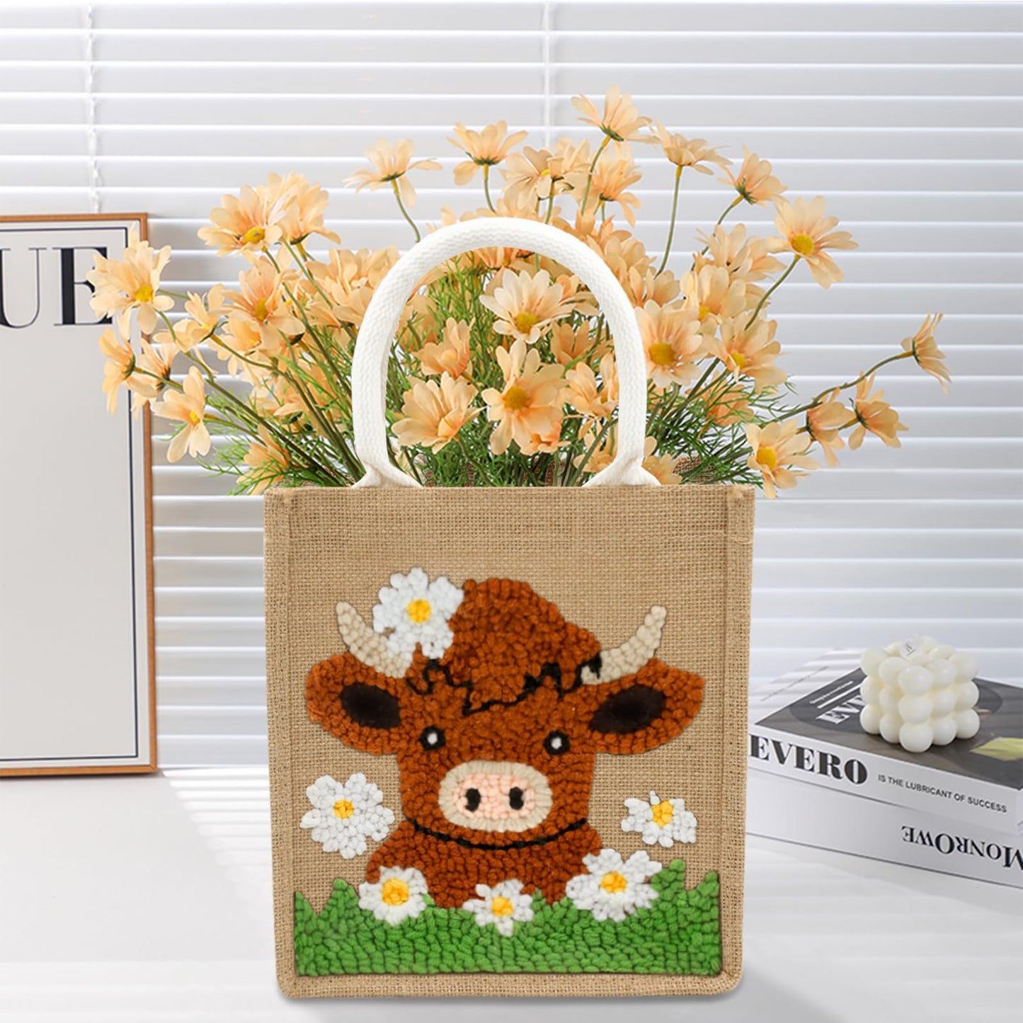 PUNICA Punch Needle Kits for Beginners with Highland Cow Pattern - Burlap Tote Bag for Adults & Kids, DIY Embroidery Starter Kit | Easy Craft Gifts (9x6.5x8.5 Inch)
