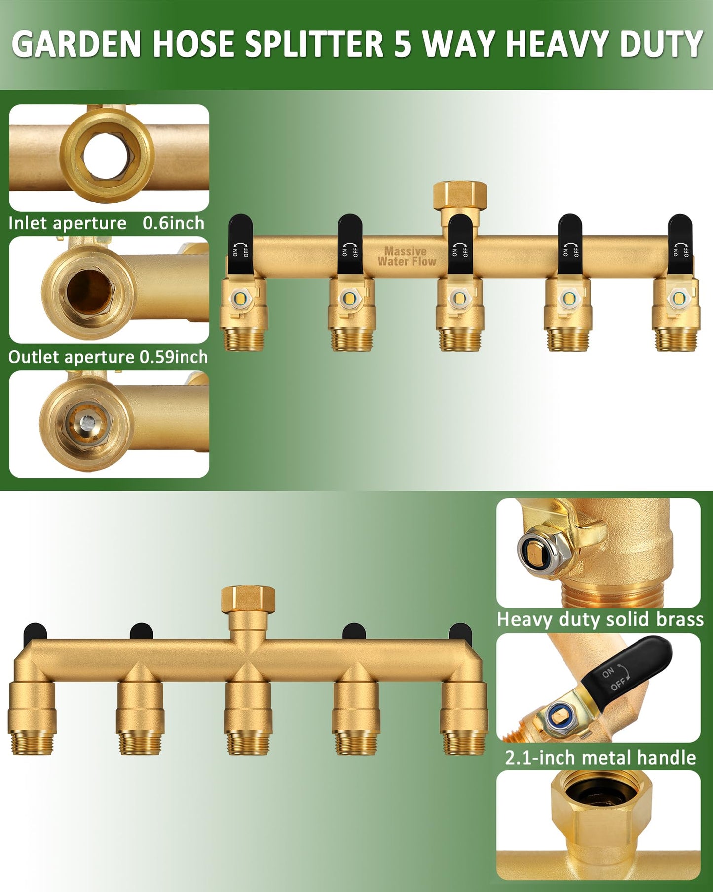 LNEZCDB 5 Way Hose Splitter, Heavy Duty Full Flow Garden Water Hose Bib Spigot Splitter, Brass Rust and Freeze Resistant Outdoor Faucet Splitter, T Adapter Connector with 3/4 - Inch GHT Thread （Black）