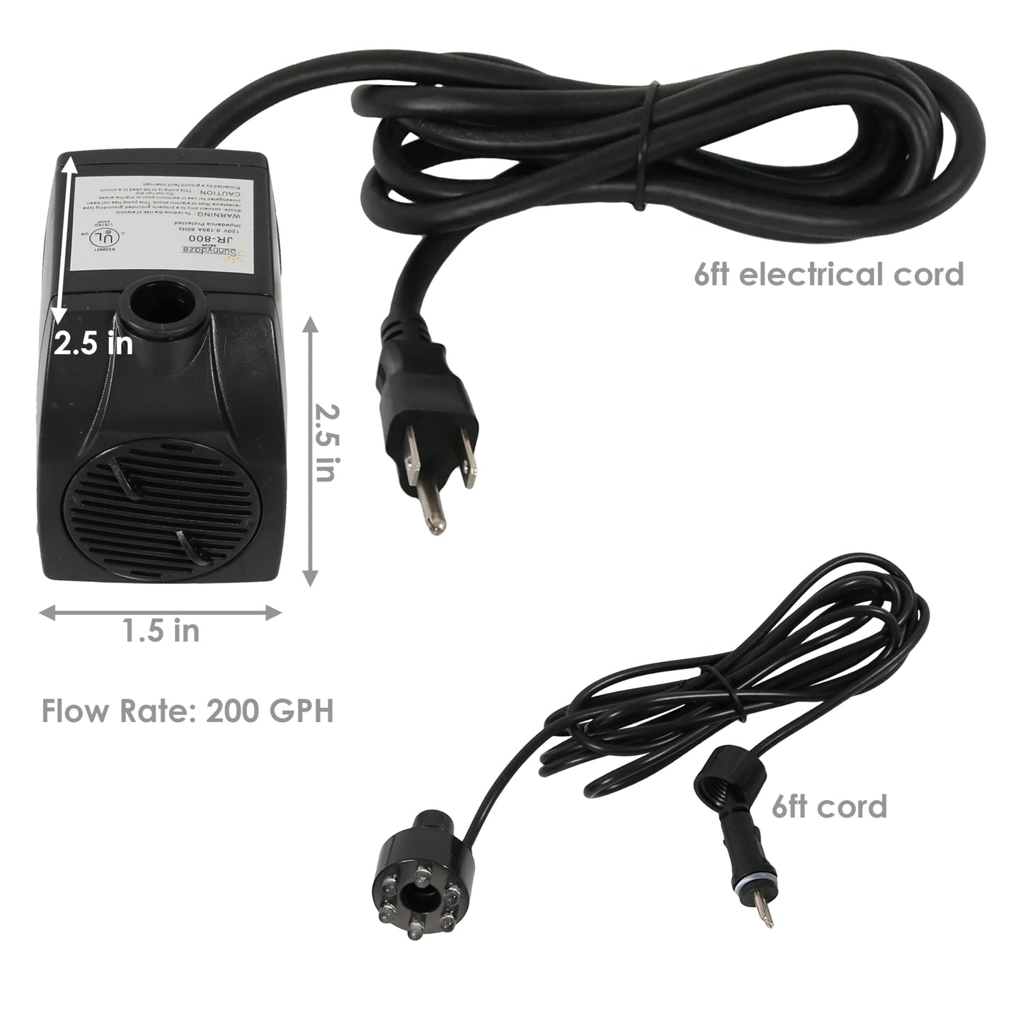 Sunnydaze 200 GPH Submersible Water Pump – 12W, 12V Small Fountain Pump with Adjustable Flow, White LED Light & Transformer for Outdoor Fountains, Bird Baths, Aquariums
