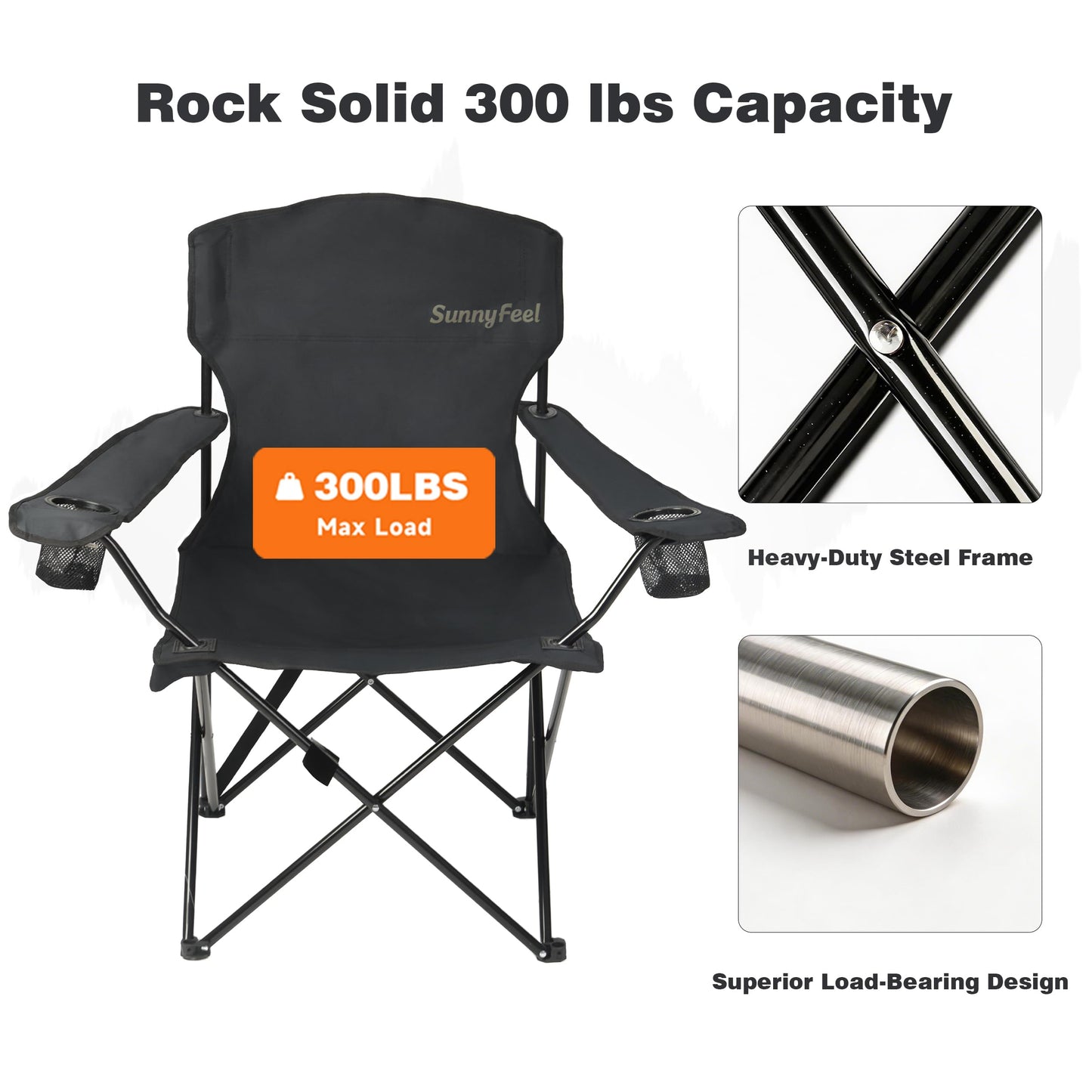 SUNNYFEEL Portable Camping Chair with Side Pockets & Cup Holder 300LBS Capacity Padded Portable Outdoor Chair, Carry Bag Included, Great for Camping, Tailgating, Firepits, Patio, & More Black