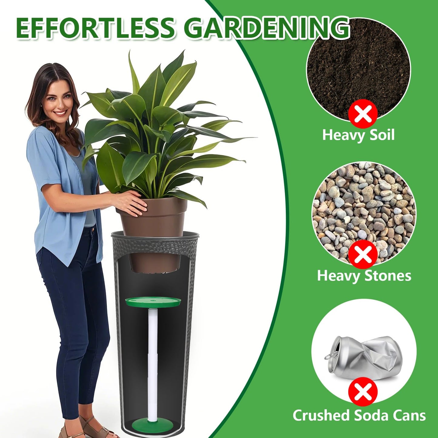 2 Pack Plant Riser Inserts for Large Pots, 8 in/10 in Interchangeable Sturdy Planter Inserts & 11 - 17 in Adjustable Height Lifters Planter Filler for Indoor & Outdoor Various Shapes Pots（Green）