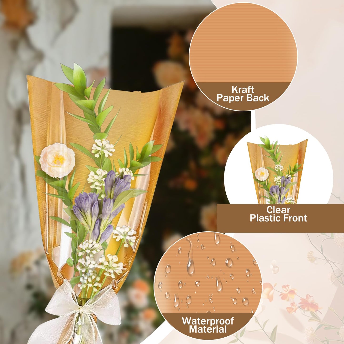 XABMU Flower Bouquet Bags - 50 Pack Kraft & Clear Floral Wrapping Sleeves for Wedding, Graduation, Mother’s Day Gifting & Florist Supplies