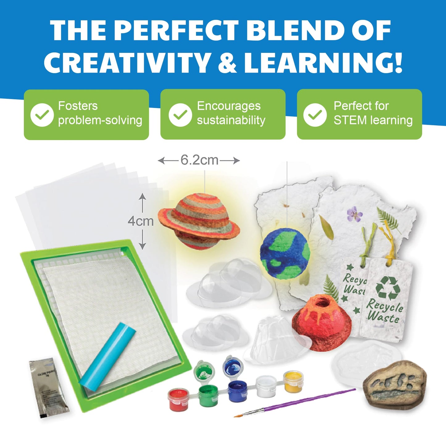 Earth Day Green Science - Paper Making Kit - Recycle and Create Your Own - Paper Making Screen - Green DIY Craft Stem Toys Kit for Kids - Includes Molds, Paints, and Glow-in-the-Dark Features