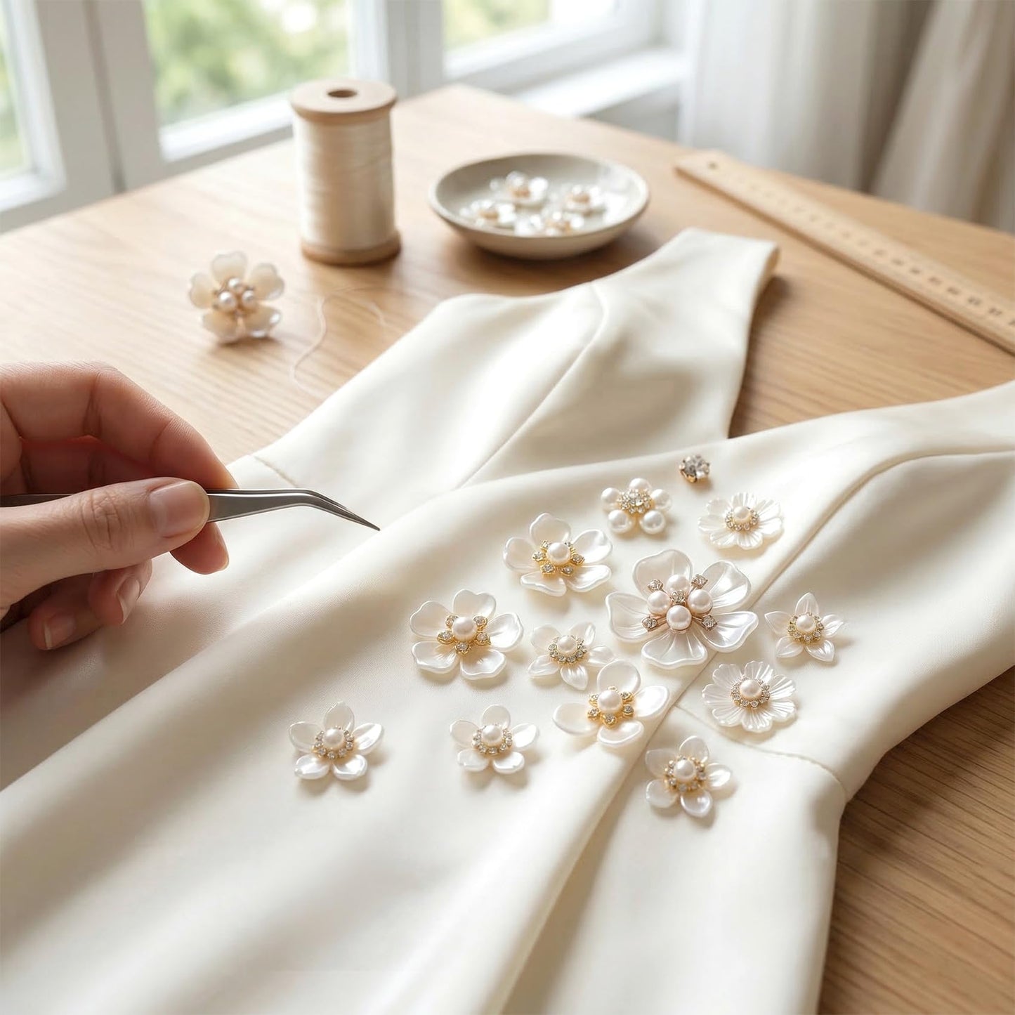 HINZIC 28pcs Flower Pearl Buttons Rhinestone Embellishments, Flatback Faux Pearls Flowers for Crafting, Sparkly Rhinestone Buttons Floral Pearl Applique for DIY Decor Wedding Jewelry - White