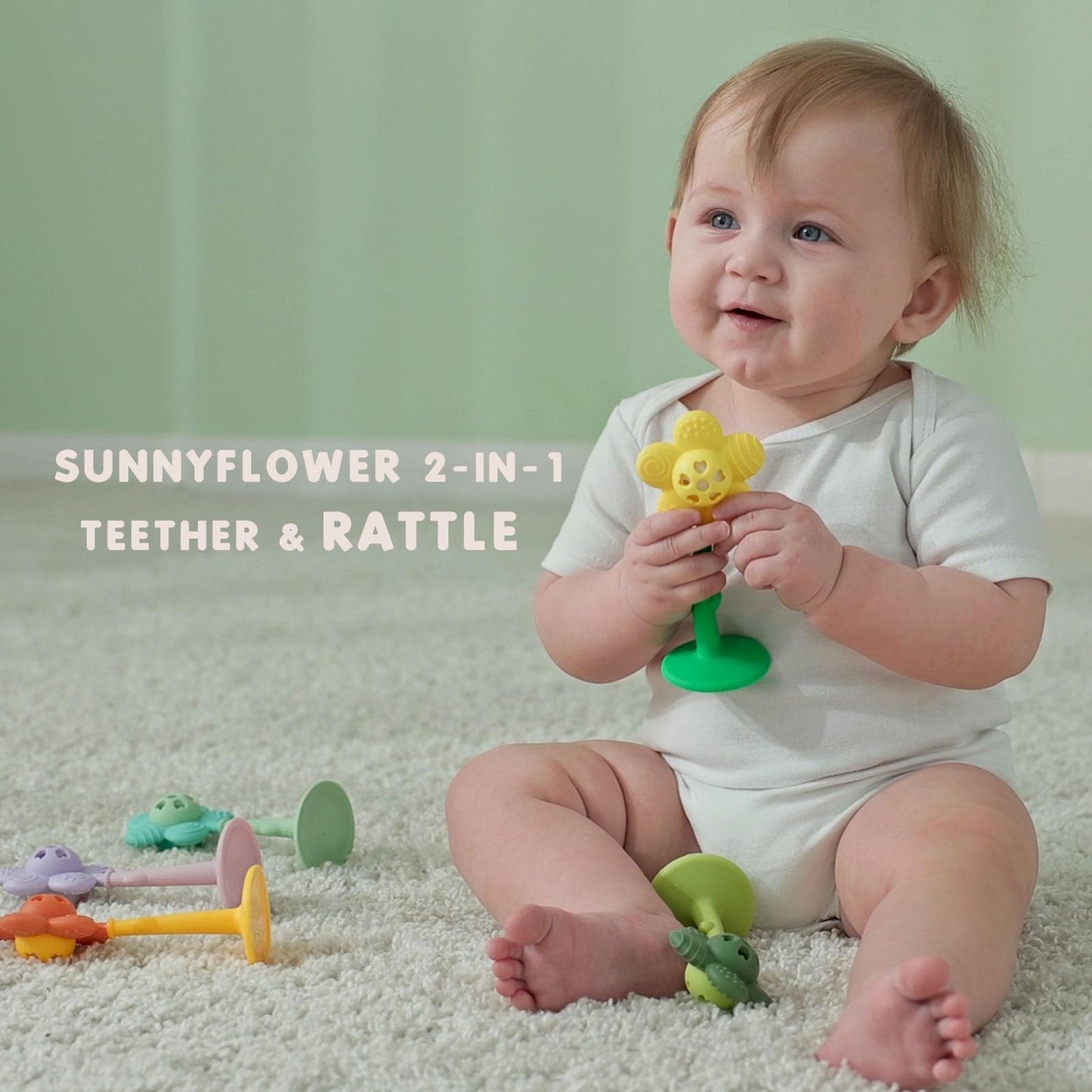 Baby Teething Toys 3-6 Months, Teether and Sensory Rattle for Babies 0-6 Months, Food Grade Silicone Teethers 6-12 Months, Infant Teething Relief Chew Toys, Sunnyflower Teether Toy BPA Free - Pink