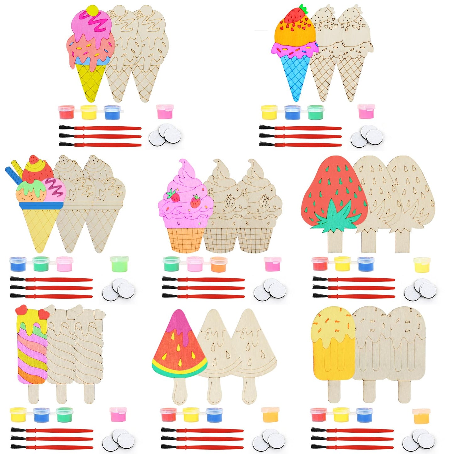 LARDUX 24pcs Ice Cream Party Favors Wood Painting Crafts - 8 Styles Ice Cream Shape Unfinished Woodchips Cutouts Craft Kits with Glow in The Dark Paint DIY Party Favors Birthday Party Decorations