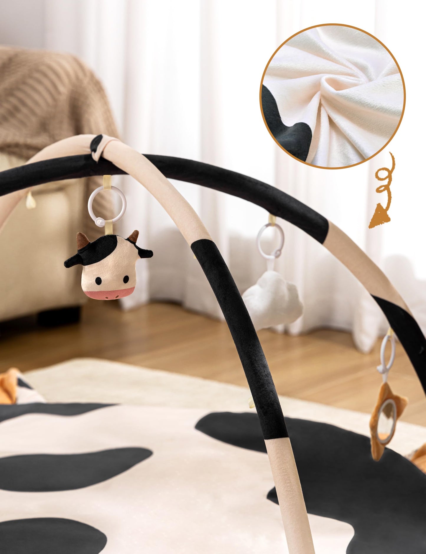2PM SPORTS Cow Theme Baby Play Mat, Tummy Time Mat for Infant Newborn, Baby Play Gyms & Playmats for 0-3 3-6 6-12 Months, Activity Mat 5 Detachable Toys, Non Slip Gym Mat Easy to Install & Clean