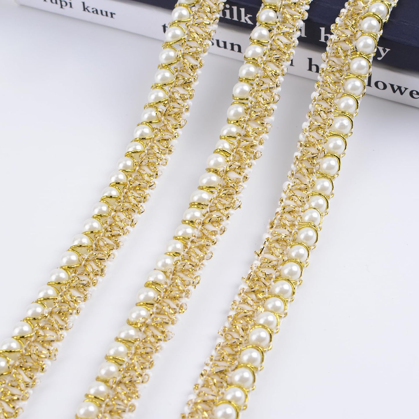 URROMA White Gold Pearl Trim - 10 Yards Beaded Lace Trimming Embroidery Embellishment Ribbon for Sewing Fabric, Garment Accessories, Dress Bag Decoration, Crafts DIY