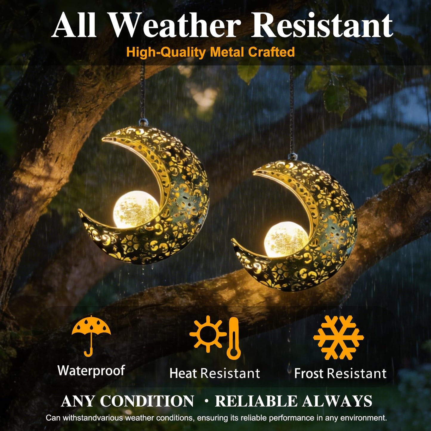 QCF Solar Garden Hanging Moon Lights Outdoor Decor,2 Pack Metal Lanterns Art Decorations for Outside Yard Lawn Patio Wall Fences Driveway Trail,Unique Housewarming Gardening Gifts for Women Mom