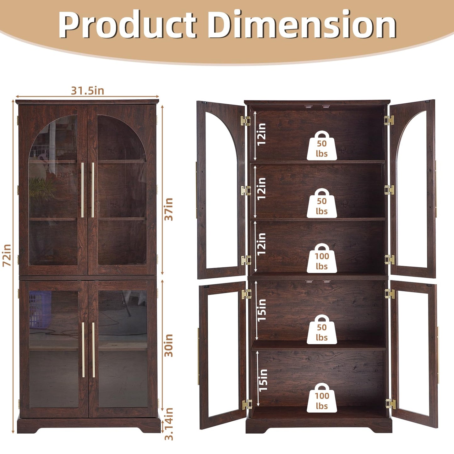 Joaxswe 72" Tall Bookshelf with 4 Curved Glass Doors, Farmhouse Bookcase with 3-Tier Adjustable Shelves, Modern Living Room Display Cabinet, Large Storage Cabinet for Home Office,Dining Room, Walnut