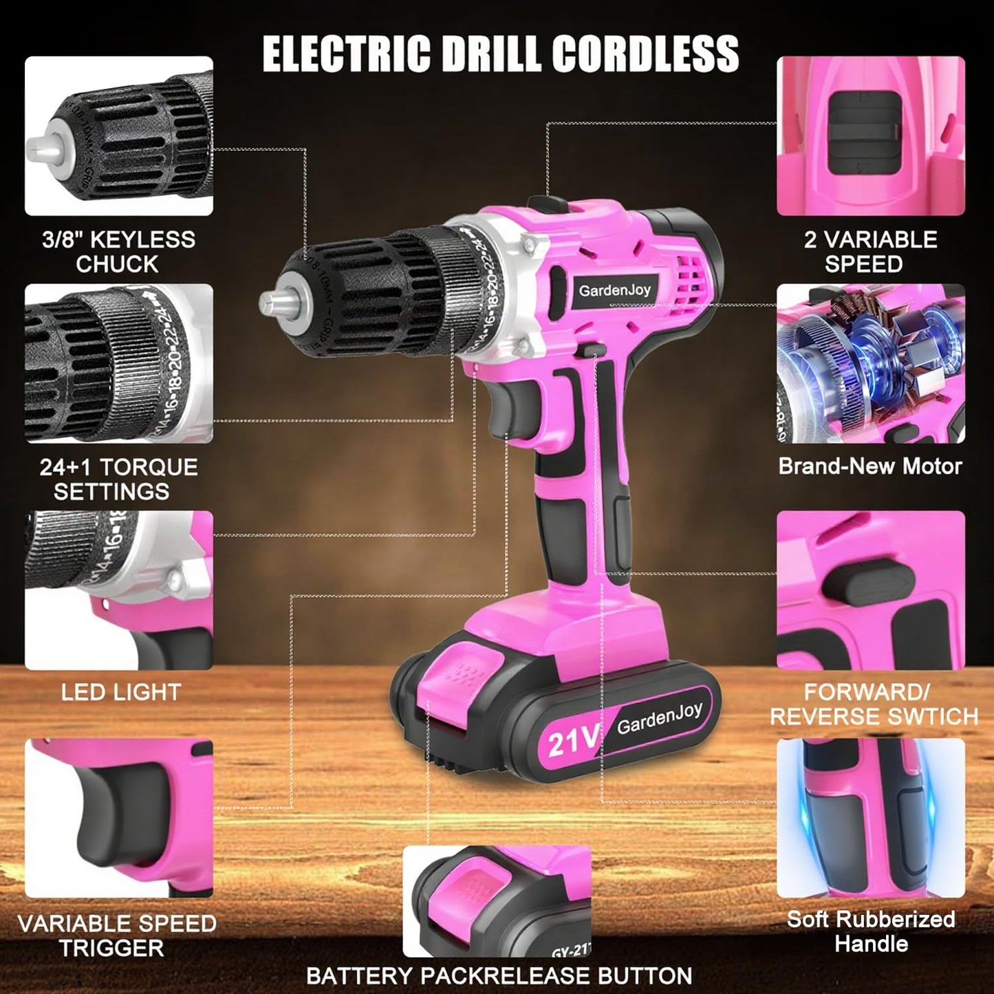 GardenJoy 20v Cordless Drill Set, Power Electric Kit 2 Batteries With Charger 30Nm 2-Speed 3/8" Keyless Chuck 24+1 Torque Drill Driver screwdriver Bits with LED Electric Work Light for Women DIY