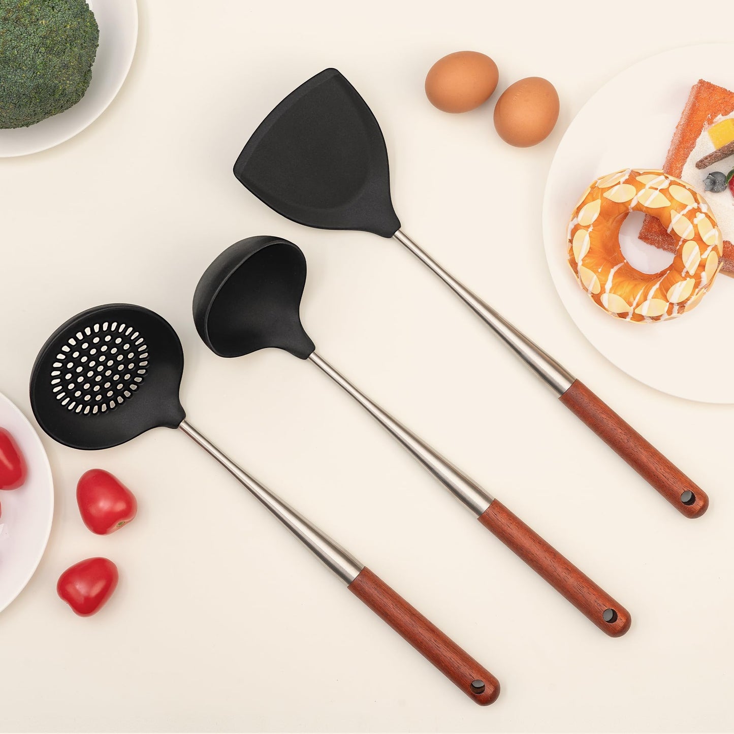 FJNATINH Silicone Spatula - Ladle - Skimmer Wok Tool Set,Stainless Steel Non Stick Heat-Resistant Cooking Utensils BPA Free Kitchen Utensils Cookware with Wooden Handle, Pack of 3