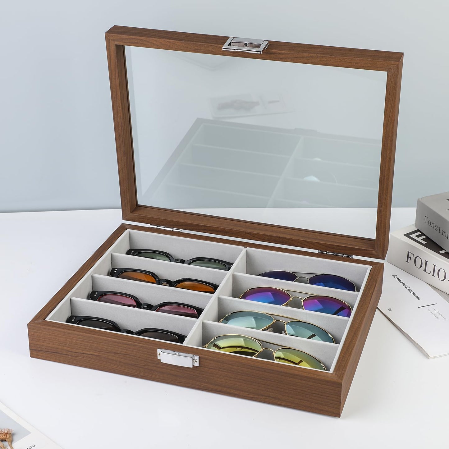 Baojulong Wooden Sunglasses Organizer Box, Eyewear Display Eyeglass Case for Men Women, Glasses Storage Box Sunglass Holder Gifts (8 Slots)