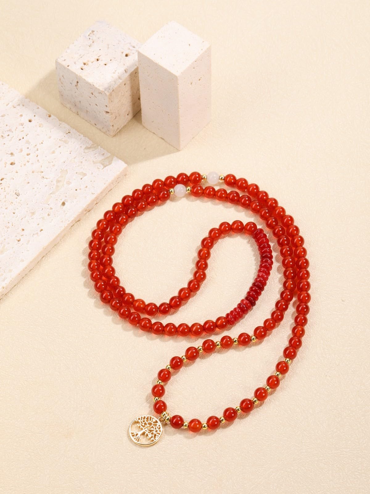 Jovivi 108 Mala Beads Bracelet Necklace, Natural Red Agate Healing Crystal Stones Prayer Beads Yoga Meditation Gemstone Necklace Gold Copper Tree Life Pendant