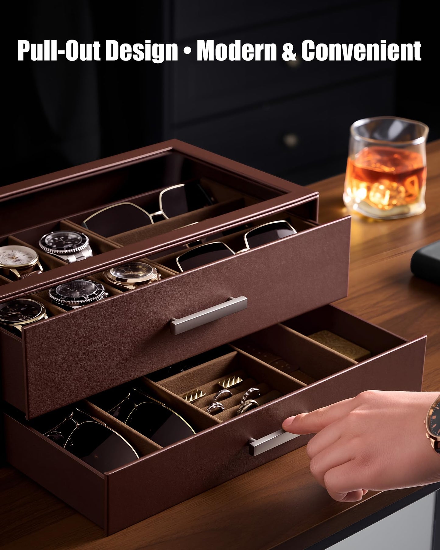 ProCase Mens Jewelry Box, 6 Slot Watch Case with Drawer & Glass Display Top, 2-layer Watch Holder Storage for Watches, Sunglasses, Rings, Bracelets, Jewelry Organizer, Gift for Men -Espresso