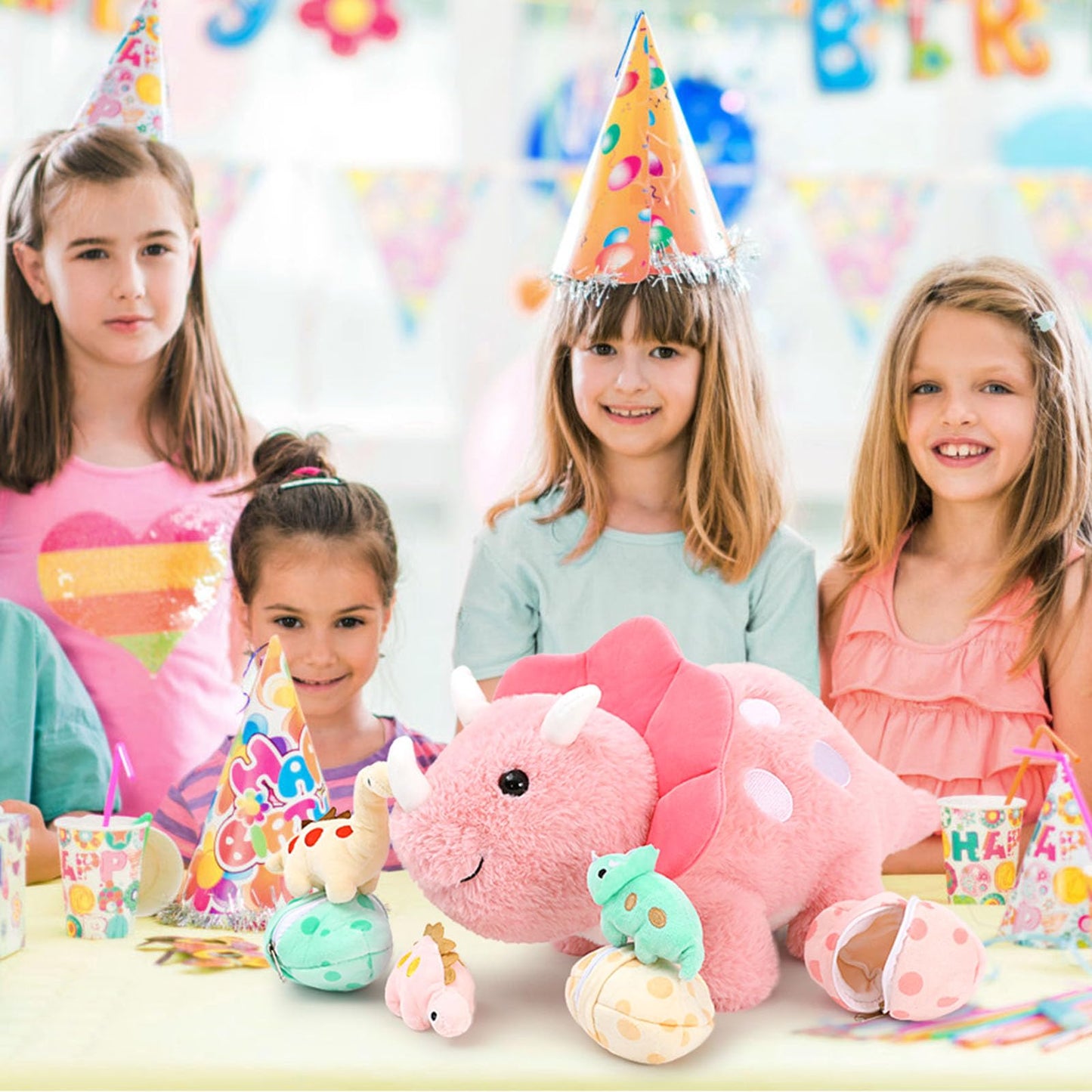 Karister 17.6in Pink Dinosaur Toys for Girls, Mommy Dinosaur Stuffed Animal with 3 Baby Dino Plush(Triceratops, Stegosaurus and Diplodocus),Small Dino Plushies for Girls and Boys,Gifts for Kids