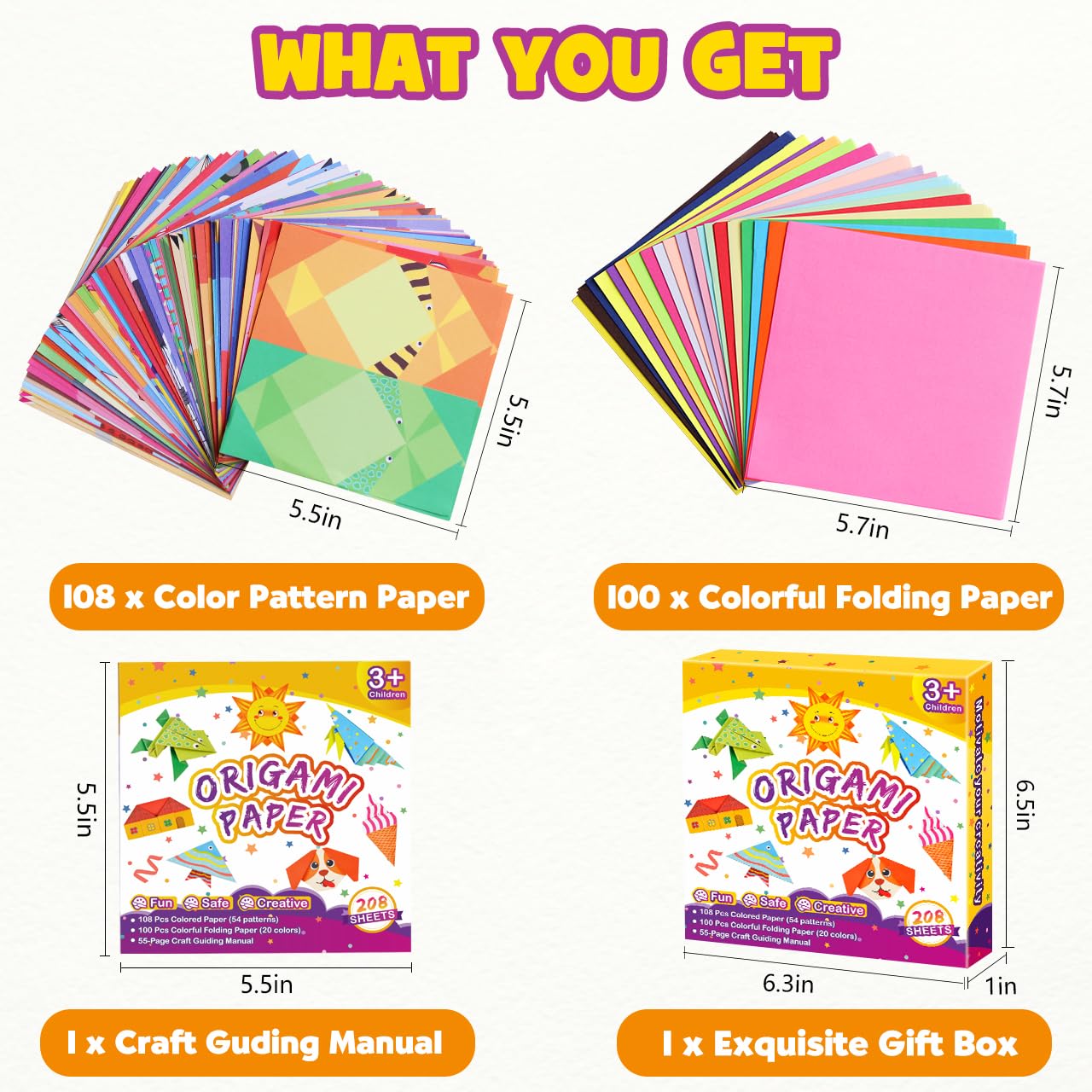Pigipigi Kids Craft Origami Paper Kit for Kids Ages 5-8 8-12, with Guiding Book, 208 Sheets DIY Art and Crafts Supplies, Colorful Folding Papers Set Projects Gifts Activity for Boy Girl Toys(Cartoon)