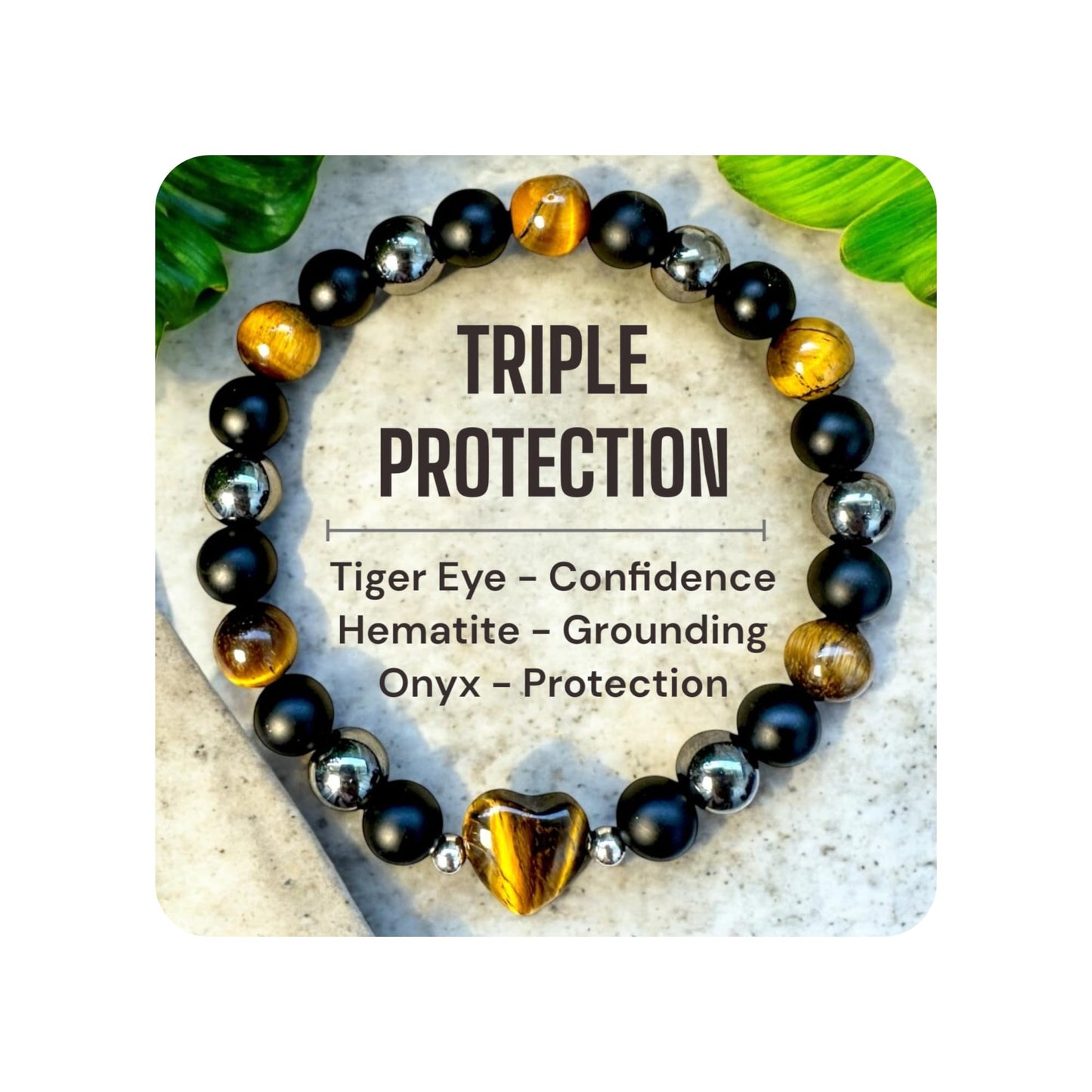 TUBIANCA Triple Protection Bracelet – Tiger Eye, Hematite & Black Onyx Crystal for Energy Shield, Confidence, Grounding & Spiritual Balance – Handmade Unisex Healing Jewelry