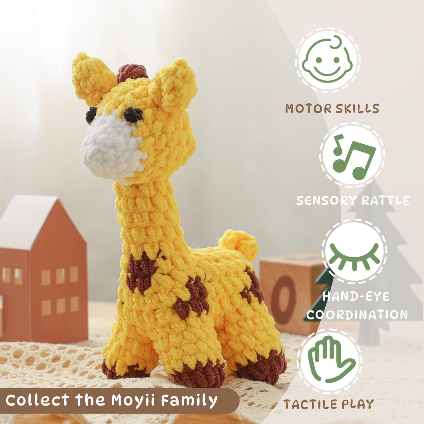 Moyii Handmade Crochet Giraffe Baby Rattle - Soft Cotton Amigurumi Sensory Shaker Toy for Newborns & Infants - Easy Grip Lovey Sleep Toy & Neutral Nursery Decor Shower Gift
