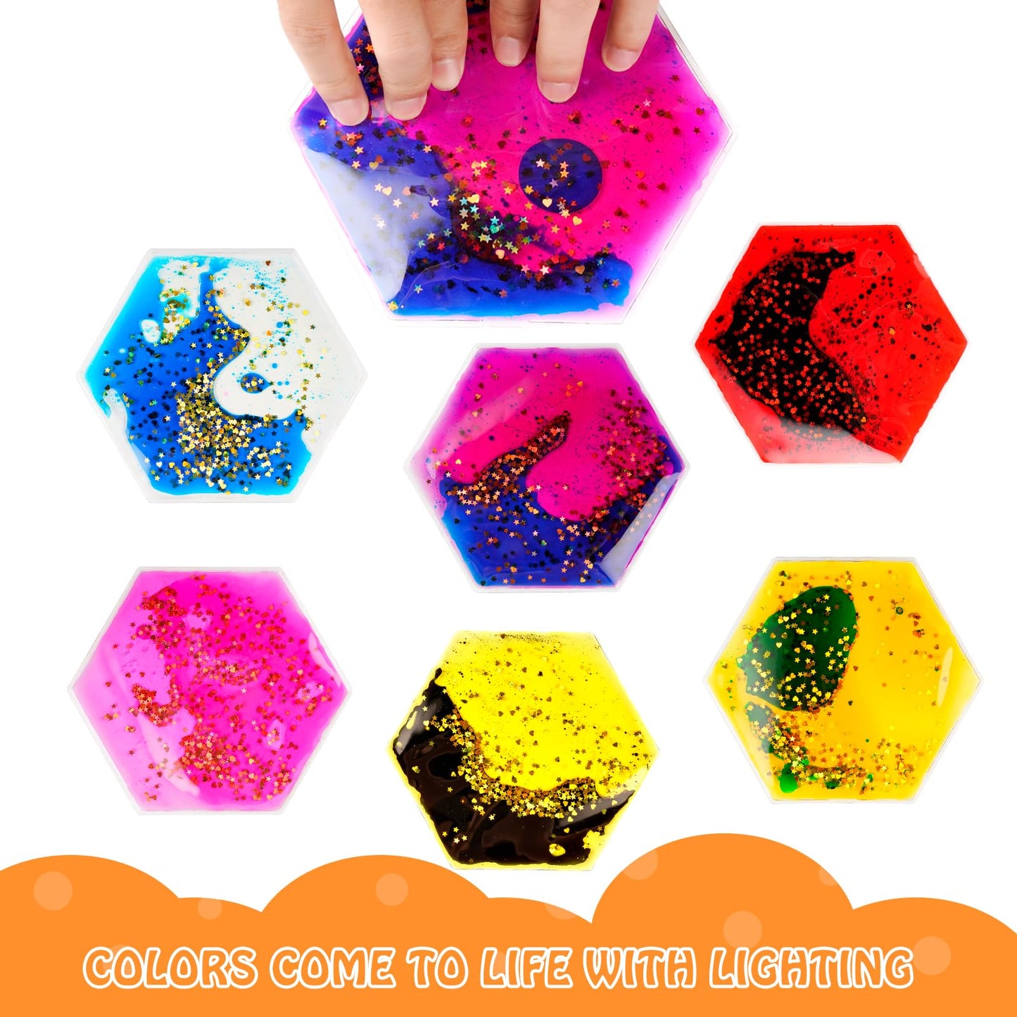 Onyoloy Sensory Soft Gel Liquid Toys - Hexagon Sensory Motion Fidget for Autism Kids, Stress Relief & Focus, Home School Therapy Travel Toys (6 Pack)